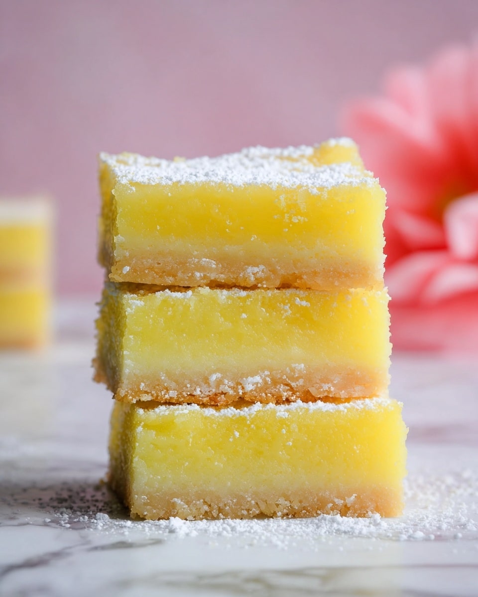 A stack of three square lemon bars, each showing two distinct layers: a thick, pale yellow, smooth and slightly shiny lemon filling on top, and a thinner, light brown crumbly crust on the bottom. The bars are dusted lightly with white powdered sugar and sit on a surface with a white marbled texture. In the background, slightly blurred, there is a soft pink shape that resembles a flower. photo taken with an iphone --ar 4:5 --v 7