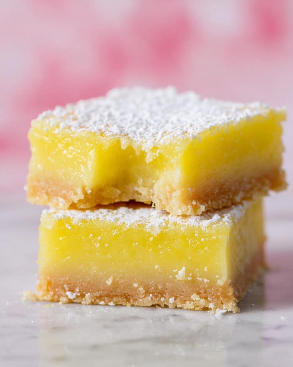 Two square lemon bars stacked on top of each other on a white marbled surface, each with a thick crumbly light brown crust at the bottom and a smooth bright yellow lemon filling layer on top, dusted with a light white powdered sugar covering, with a soft texture visible in the lemon filling and a bite taken out of the top bar showing the creamy inside, with a soft pink blurred background, photo taken with an iphone --ar 4:5 --v 7