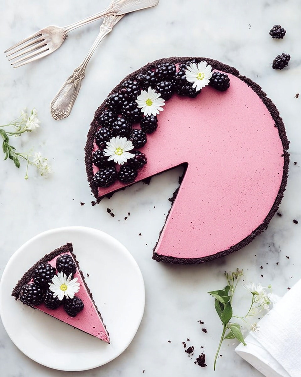 The image shows a round berry tart with two layers: a dark crumbly crust on the bottom and a smooth, thick pink berry filling on top. One slice is taken out, showing the crust beneath the pink layer. The left side of the tart is decorated with blackberries and small white flowers arranged in a neat line. Next to the tart, a white plate holds the taken slice, also decorated with a blackberry and a white flower on top. Two forks are placed nearby on a white marbled surface, along with some scattered crumbs. Photo taken with an iphone --ar 4:5 --v 7