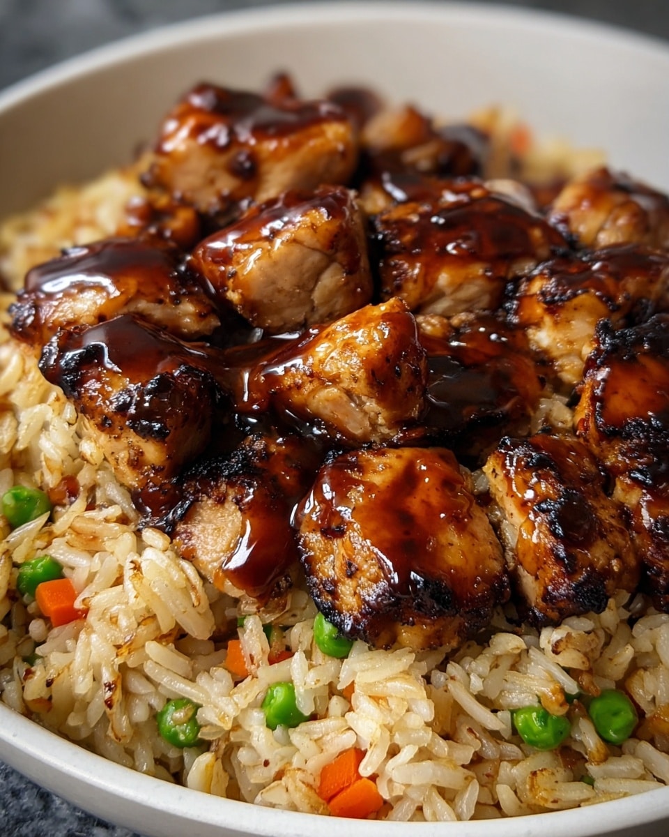 The dish shows a close-up of grilled chicken pieces with a glossy dark brown sauce coating, placed on top of a bed of fried rice. The rice is light golden with small bits of green peas and diced orange carrots mixed throughout, giving it a textured look. The chicken pieces are cut into bite-sized chunks with a slightly charred edge, sitting on the fried rice inside a white bowl. The white marbled texture serves as the background, making the colors of the food more vivid and rich. photo taken with an iphone --ar 4:5 --v 7