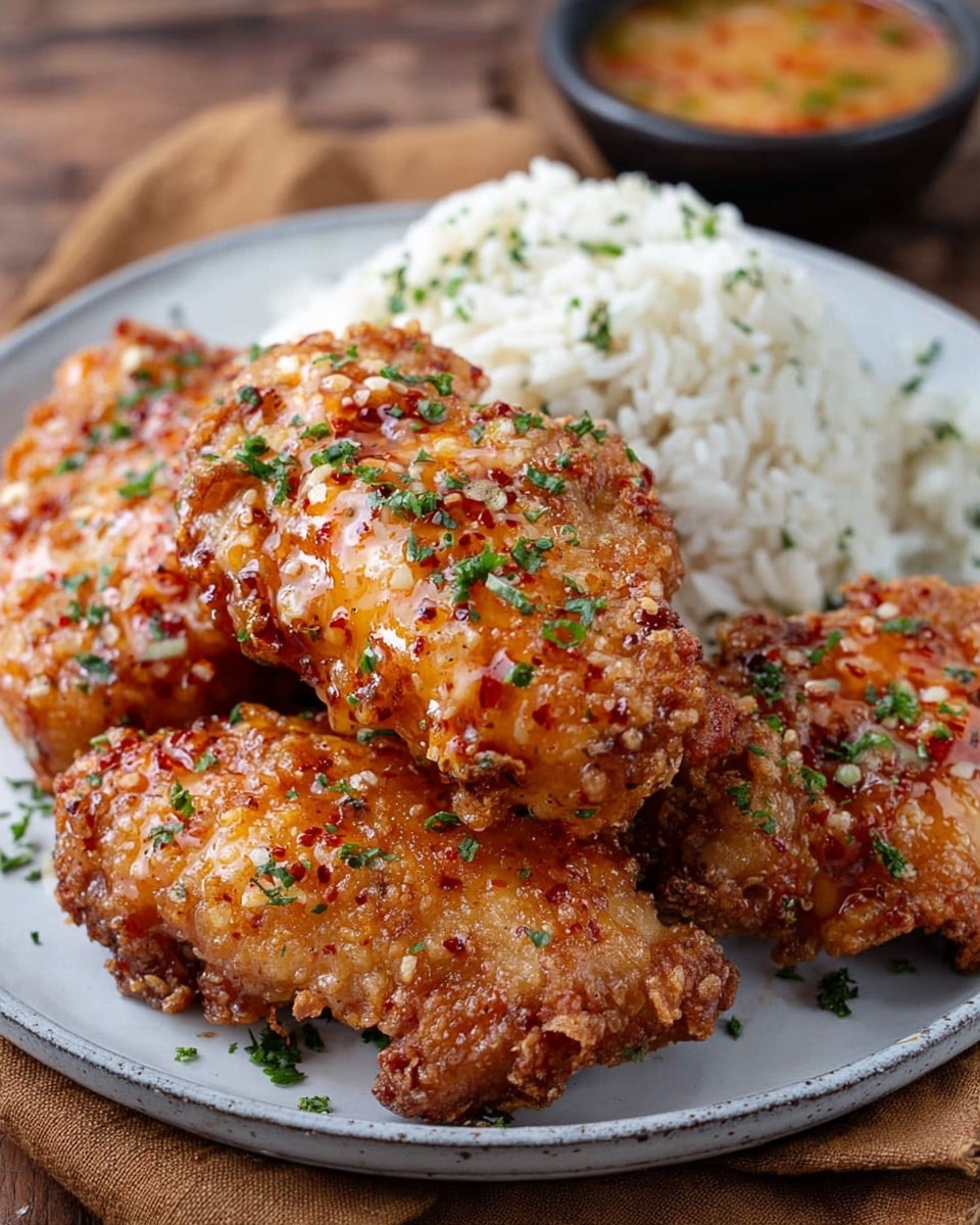 The image shows a white plate filled with three pieces of crispy fried chicken coated with a glossy, reddish-orange sauce sprinkled with small green herbs. The chicken pieces are stacked slightly on top of each other toward the front of the plate. Behind the chicken, there is a mound of steamed white rice mixed with small bits of green herbs. The plate is placed on a wooden surface with a brown cloth nearby, and a small bowl of sauce is visible in the upper right corner. photo taken with an iphone --ar 4:5 --v 7