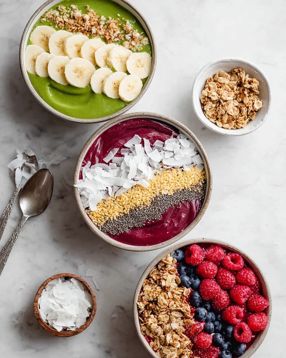 The image shows three bowls of smoothie with toppings placed on a white marbled surface. The top bowl has a bright green smoothie base with three even layers on top: sliced yellow bananas on the left, white coconut flakes in the middle, and light brown granola next to dark chia seeds on the right. The middle bowl contains a deep purple smoothie base with three neat layers of toppings: white coconut flakes on the left, golden granola in the middle, and dark blue blueberries on the right. The bottom bowl features a vibrant red smoothie base topped with three layers: fresh red raspberries on the right edge, white coconut flakes in the middle, and golden granola on the left. Two small bowls hold extra granola and coconut flakes near the smoothie bowls, with a silver spoon on the white marbled surface nearby. photo taken with an iphone --ar 4:5 --v 7