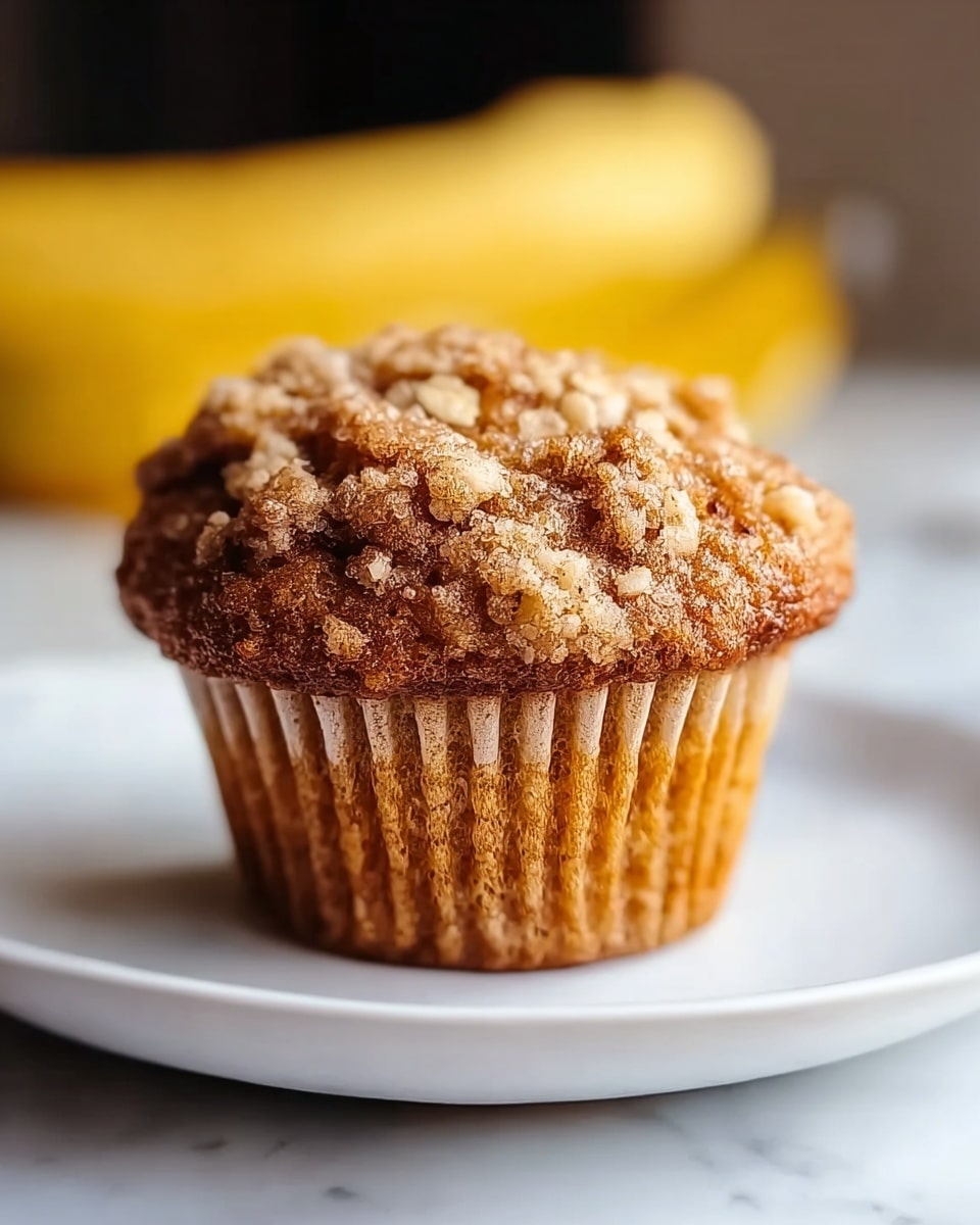 A single muffin sits in the center of a white plate on a white marbled surface. The muffin has two main visual parts: the bottom, which is a golden brown with visible small air holes and a ribbed texture from the paper liner, and the top, which is a rough, crumbly layer with darker brown colors mixed with scattered lighter oat flakes giving a crunchy appearance. In the blurred background, yellow bananas add a soft contrast. photo taken with an iphone --ar 4:5 --v 7