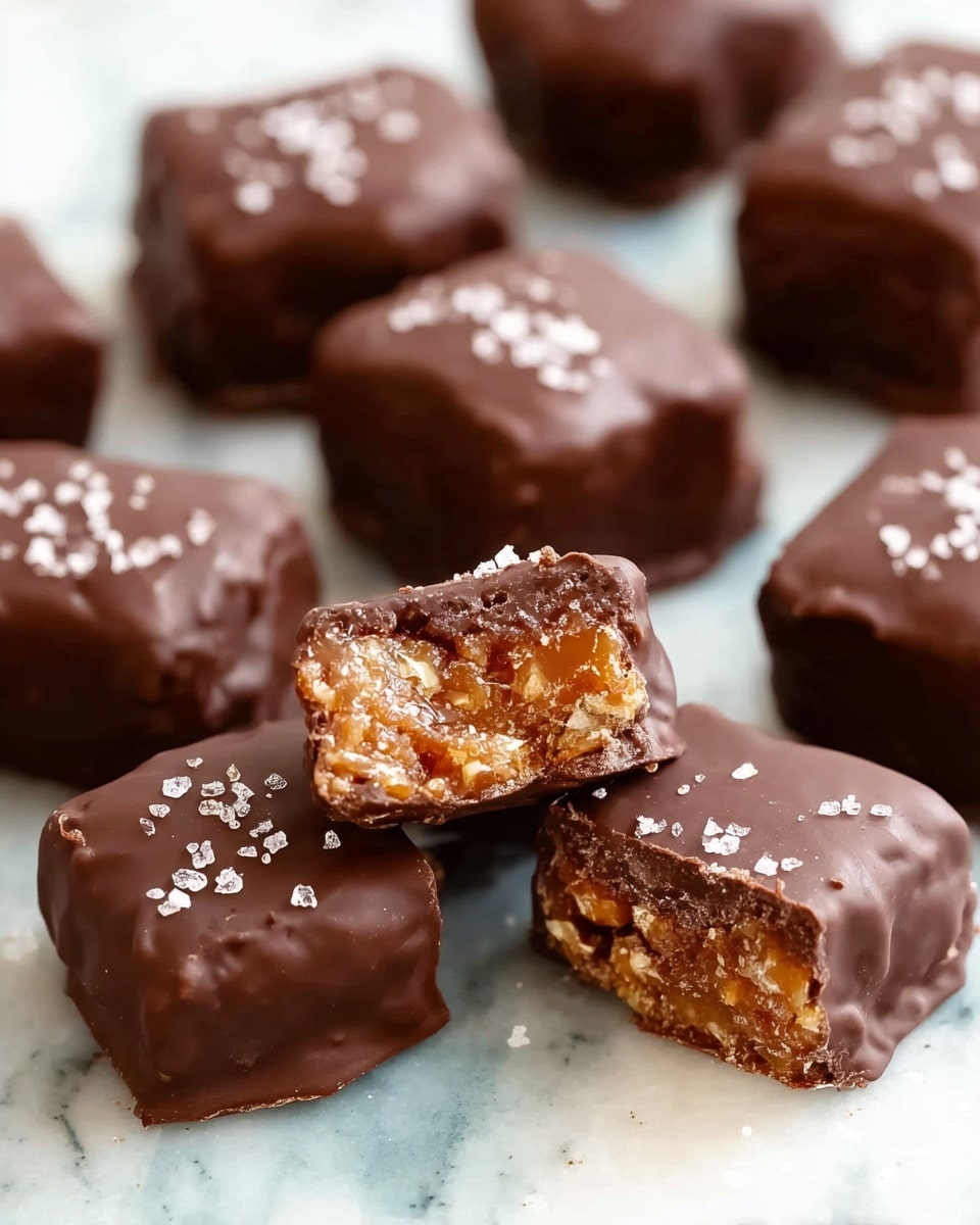 The image shows several small square chocolate-covered treats arranged on a white marbled surface, each piece topped with a small sprinkle of coarse salt. The treats have one main layer of crunchy caramel and nut filling inside, coated with a smooth, glossy dark brown chocolate shell. One piece is broken in half and leaned against another, revealing the textured, chewy filling with bits of nuts inside that are light brown and amber in color. The chocolate coating has a slightly uneven texture, indicating it was hand-dipped. Photo taken with an iphone --ar 4:5 --v 7
