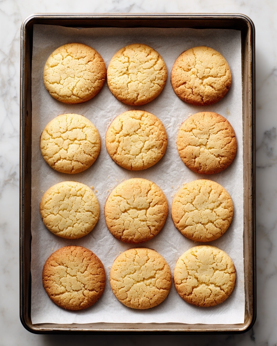 A baking tray lined with white parchment paper holds twelve round cookies arranged in rows, each cookie golden brown with a slightly textured, crumbly top and puffed center, showing a soft and light look. The tray rests on a white marbled surface. photo taken with an iphone --ar 4:5 --v 7