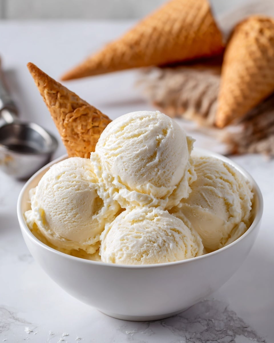 A white rectangular container filled with smooth, creamy vanilla ice cream shows three perfectly scooped balls on top, each with a soft texture and slight ridges around the edges. The ice cream fills the container evenly, with an untouched area displaying a slightly rough and creamy texture beneath the scoops. To the right, three small empty waffle cones, light brown with a crisscross pattern, rest on a white marbled surface. On the left side, a silver ice cream scoop with a round edge sits on the white marbled surface. photo taken with an iphone --ar 4:5 --v 7