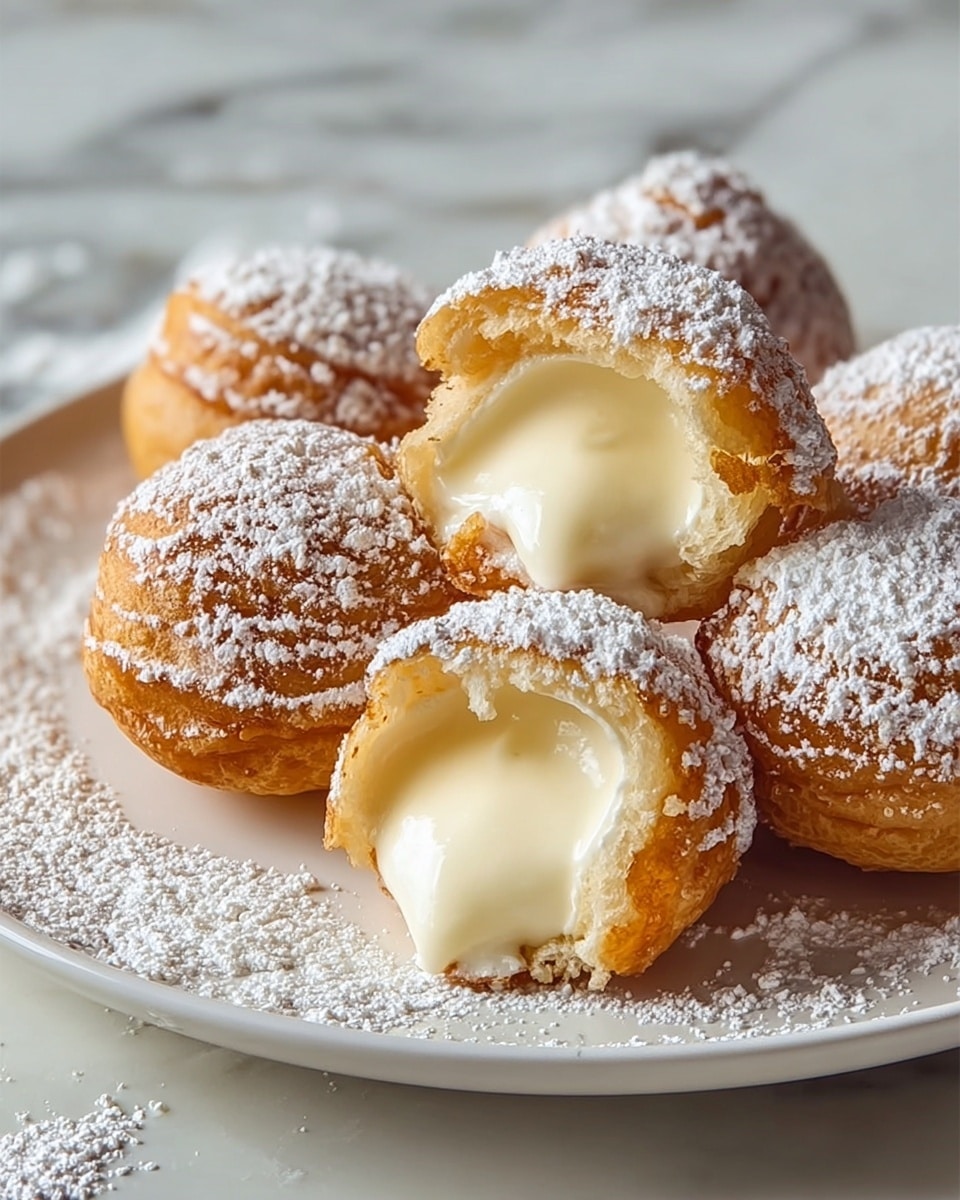 The image shows a close-up of several cream-filled pastries on a white plate, dusted heavily with fine white powdered sugar. The pastries are golden brown and round, with crispy outer shells. Each pastry is filled with a smooth, pale cream that almost spills out, revealing its soft and creamy texture. The powdered sugar is scattered not only on the pastries but also lightly around the plate’s edge, all set on a white marbled surface. photo taken with an iphone --ar 4:5 --v 7
