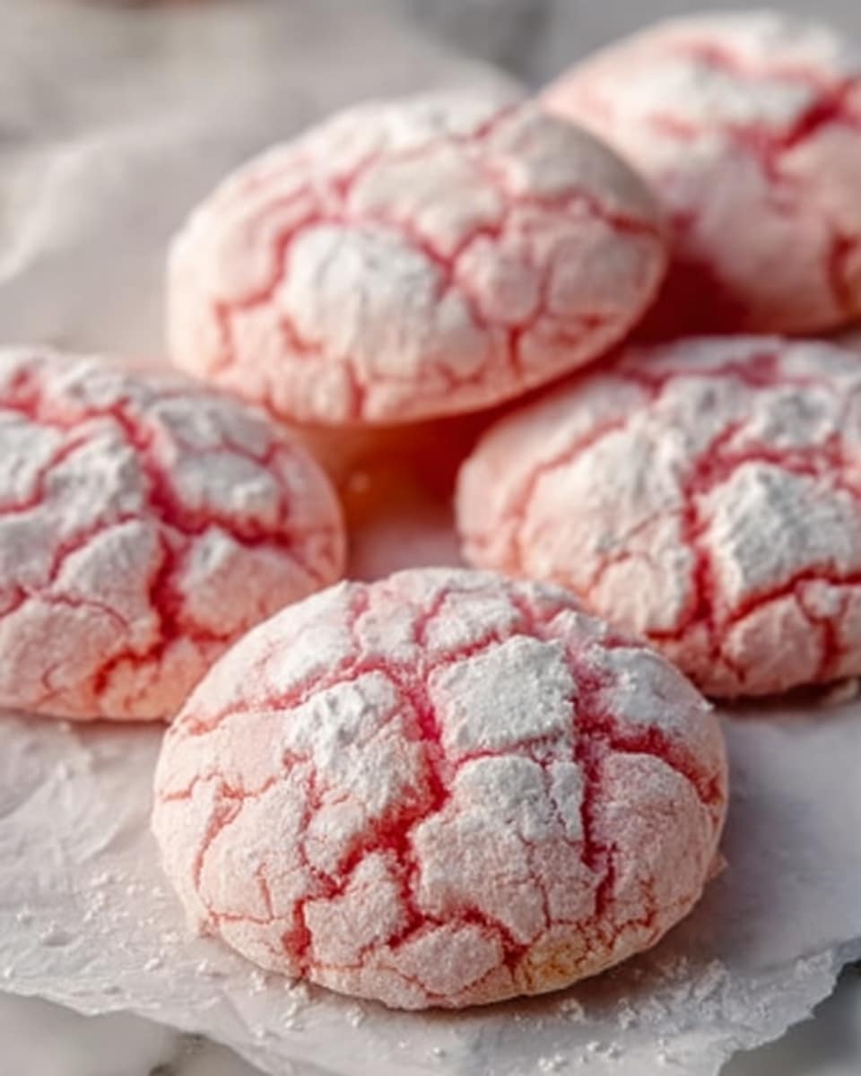 The image shows a close-up of five pink crinkle cookies resting on white parchment paper over a white marbled surface. Each cookie has a cracked top with white powdered sugar settled in the cracks, giving a contrast between the soft pink dough and the bright white sugar. The cookies are round, slightly puffy, and arranged casually with some overlap. The texture looks soft and tender, and the lighting highlights their cracks and powdered sugar perfectly. photo taken with an iphone --ar 4:5 --v 7