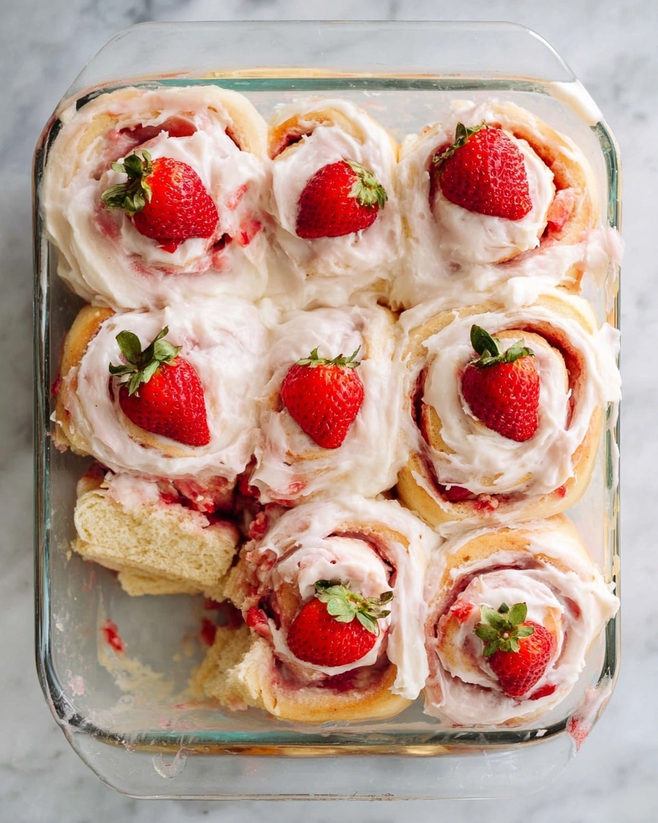 A clear glass baking dish holds nine strawberry cinnamon rolls arranged in a 3x3 grid. Each roll has a soft, light golden dough base swirling with bright red strawberry filling visible in spirals through the layers. A thick layer of creamy white icing covers the rolls unevenly, melting into the swirls and adding a glossy texture on top. Some rolls are topped with thin slices of fresh strawberries, adding a pop of fresh red and green color. The dish rests on a white marbled surface. photo taken with an iphone --ar 4:5 --v 7