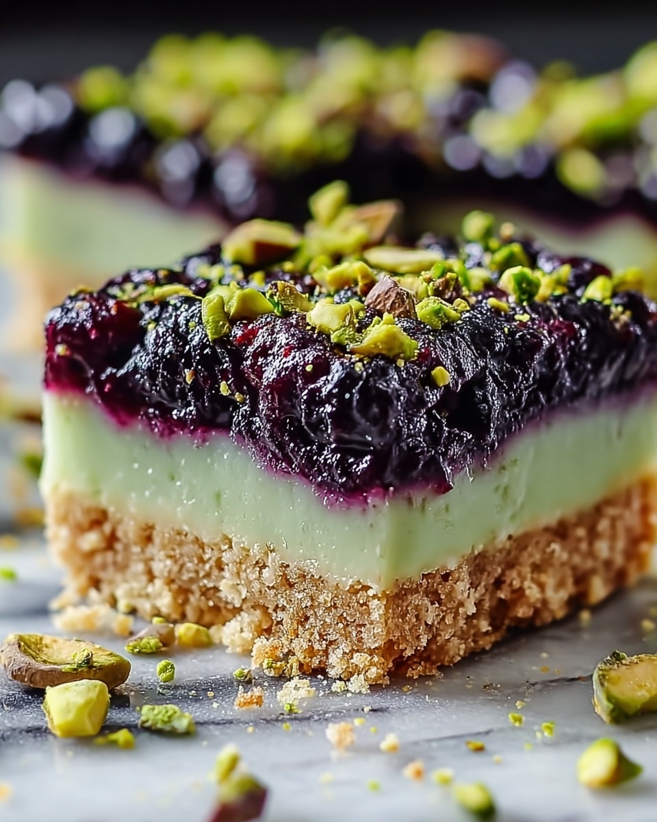 A close-up of a square dessert bar with three distinct layers placed on a white marbled surface. The bottom layer is a crumbly, light brown crust with a rough texture. Above it, the middle layer is a smooth, creamy light purple filling. The top layer is thick and glossy, made of a dark purple berry mixture with visible seeds and whole berries. Scattered on top are bright green chopped pistachios and slices of fresh kiwi, adding pops of color and texture. Small bits of crust and pistachio are scattered around the bar. photo taken with an iphone --ar 4:5 --v 7