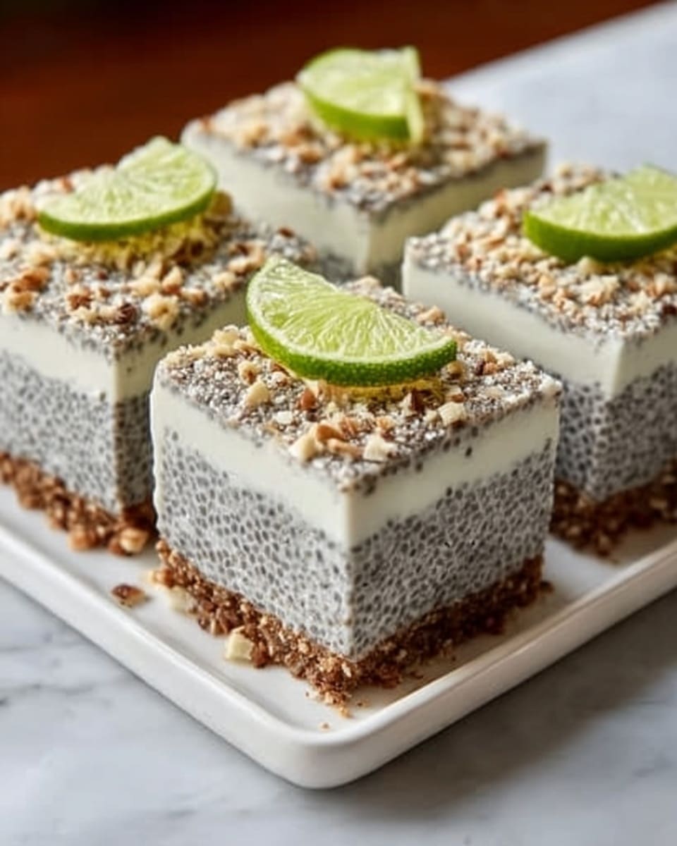 The image shows four square pieces of dessert arranged neatly on a white plate. Each piece has three clear layers: a base layer of crunchy brown crumbs, a middle thick layer of light gray poppy seed cream, and a top layer of finely chopped nuts covering the cream. Each piece is topped with a small green lime wedge and a thin line of poppy seeds around the edges. The plate sits on a white marbled surface, and the photo has a bright, clear look. Photo taken with an iphone --ar 4:5 --v 7