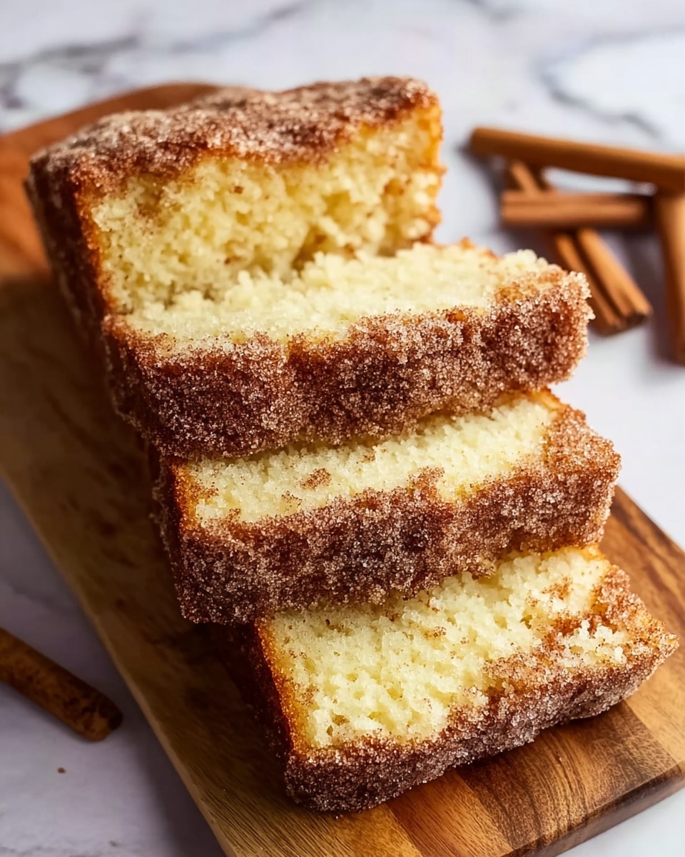 The image shows three thick slices of light yellow cake with a soft and crumbly texture. Each slice has a rough coating of cinnamon and sugar on the top and sides, giving it a grainy, brown-speckled look. The cake slices are stacked slightly tilted on each other on a wooden board with some cinnamon sticks placed in the background. The surface beneath has a white marbled texture. photo taken with an iphone --ar 4:5 --v 7