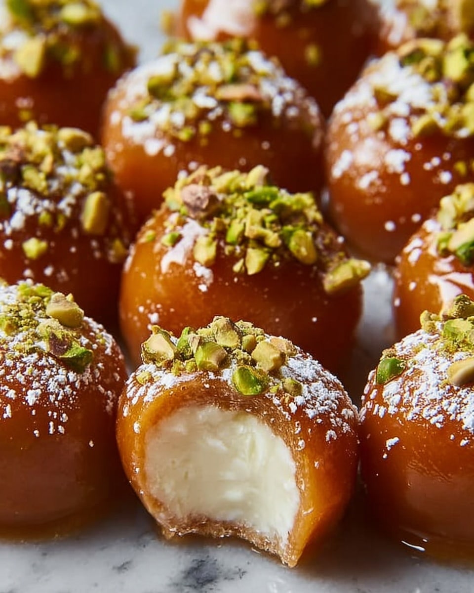 The image shows several small round sweets with a shiny caramel-brown outer layer topped with chopped green pistachios and a light dusting of powdered sugar. Each sweet has a creamy white center visible from a bite taken out of one. The texture of the caramel layer looks smooth and sticky, while the cream inside appears soft and rich. All sweets are close together, placed on a surface with a white marbled texture. photo taken with an iphone --ar 4:5 --v 7