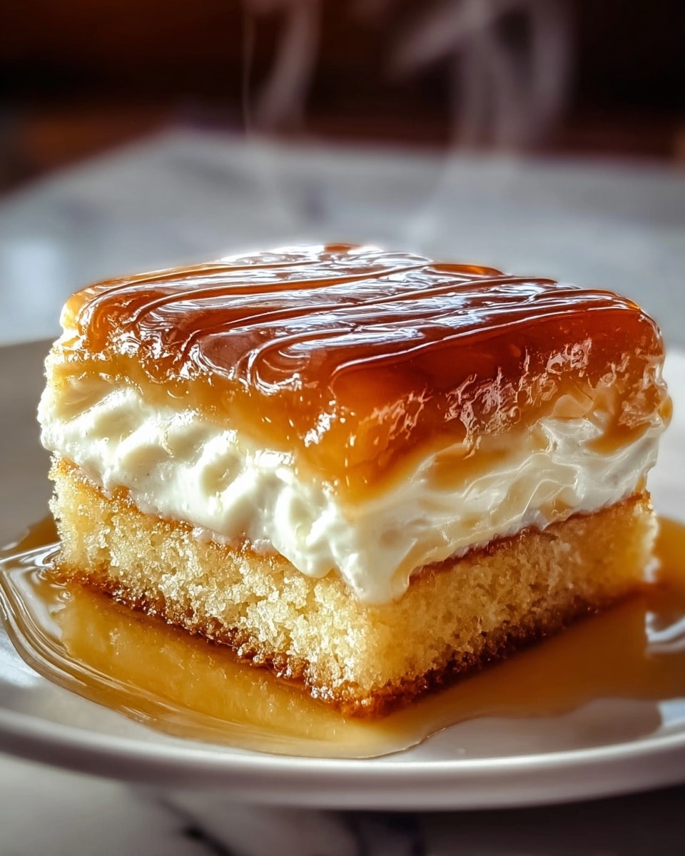 A square piece of dessert with three layers sits on a white plate over a white marbled surface. The bottom layer is a moist golden brown cake soaked lightly in syrup that pools around the base. The middle layer is a thick, creamy white filling with a smooth texture that slightly bulges between the cake layers. The top layer is another golden brown cake soaked in syrup, glazed with a shiny, amber caramel layer that has a slightly wavy pattern and reflects light. Thin wisps of steam rise gently from the dessert. Photo taken with an iphone --ar 4:5 --v 7