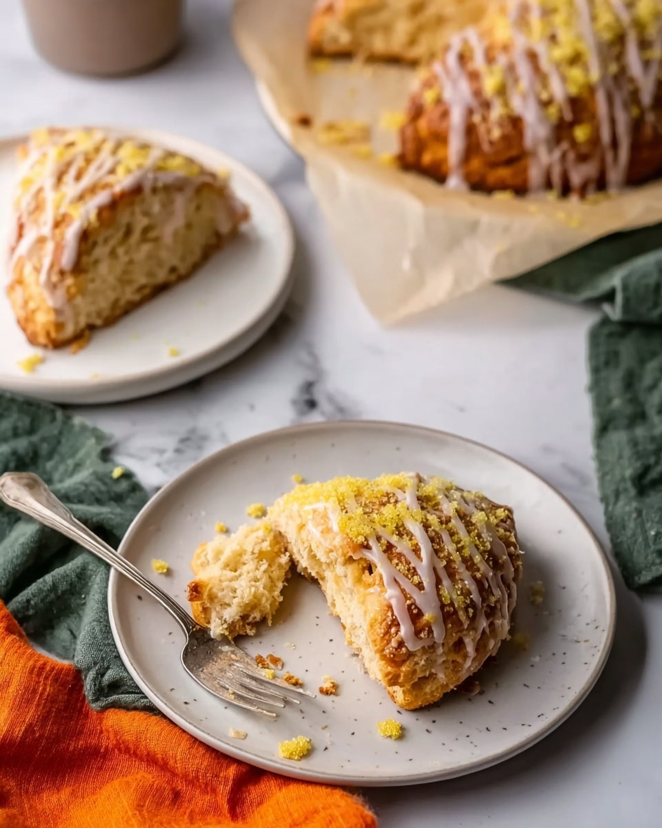 The image shows a golden-brown scone with a light glaze drizzle on top, sprinkled with a coarse yellow sugar or crumble. One large scone is on a white plate with a silver fork resting next to a broken piece, revealing a soft and flaky inside. Another scone is partly visible on a second white plate. In the background, there is a bigger scone or baked item with the same glaze and sugar topping placed on parchment paper over a white marbled surface, alongside a dark green cloth and a bright orange cloth near the bottom edge. Photo taken with an iphone --ar 4:5 --v 7