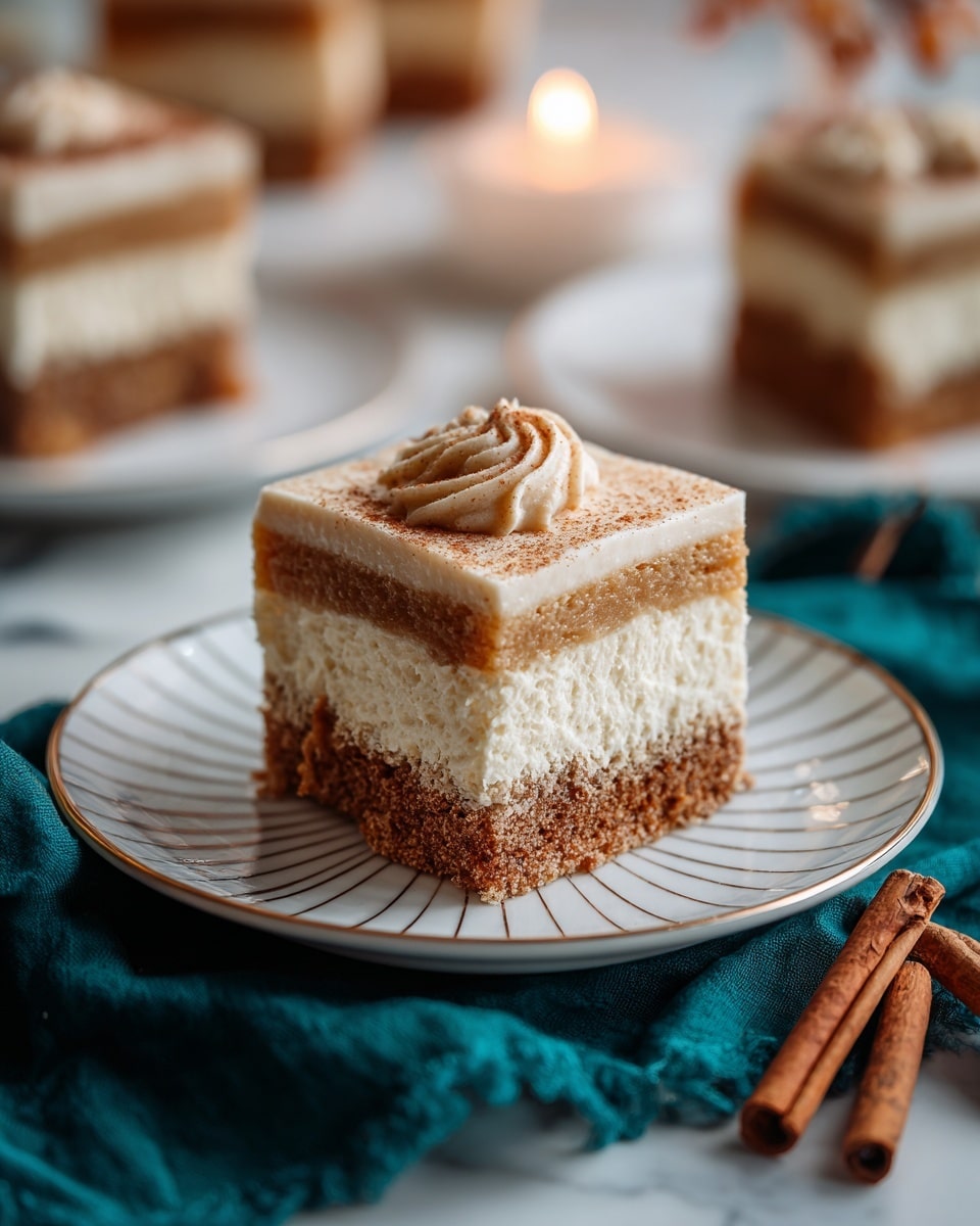 A close-up of a square dessert with three layers sits on a white plate with thin gold lines. The bottom and top layers are light beige and look soft, while the middle layer is a darker brown, textured like a cake or thick filling. The top is covered with a thick, smooth frosting in a light cinnamon color. The plate is on a dark teal cloth, and two cinnamon sticks lie nearby. In the background, more pieces of the dessert rest on a white plate with a soft candle glow next to them, all placed on a white marbled surface. photo taken with an iphone --ar 4:5 --v 7