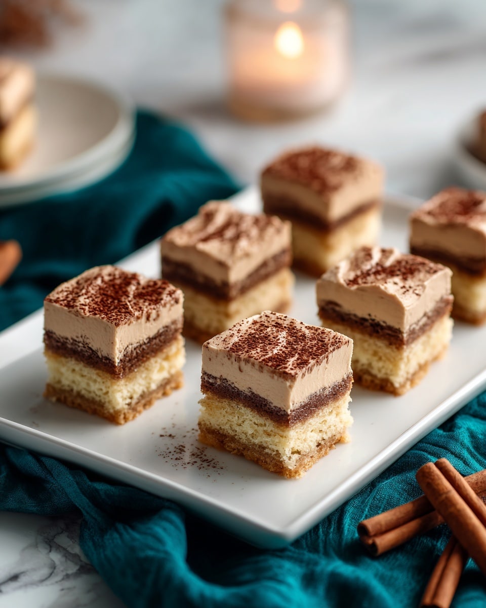 The image shows six square pieces of layered dessert neatly arranged on a white rectangular plate. Each piece has three visible layers: a bottom layer of light golden cake, a middle layer of darker brown filling, and a top layer of smooth light brown frosting. The texture of the cake looks soft and slightly crumbly, while the middle layer appears dense and rich. The plate rests on a dark teal fabric with a couple of cinnamon sticks laid nearby, and a softly glowing candle sits in the background, all set on a white marbled surface. photo taken with an iphone --ar 4:5 --v 7