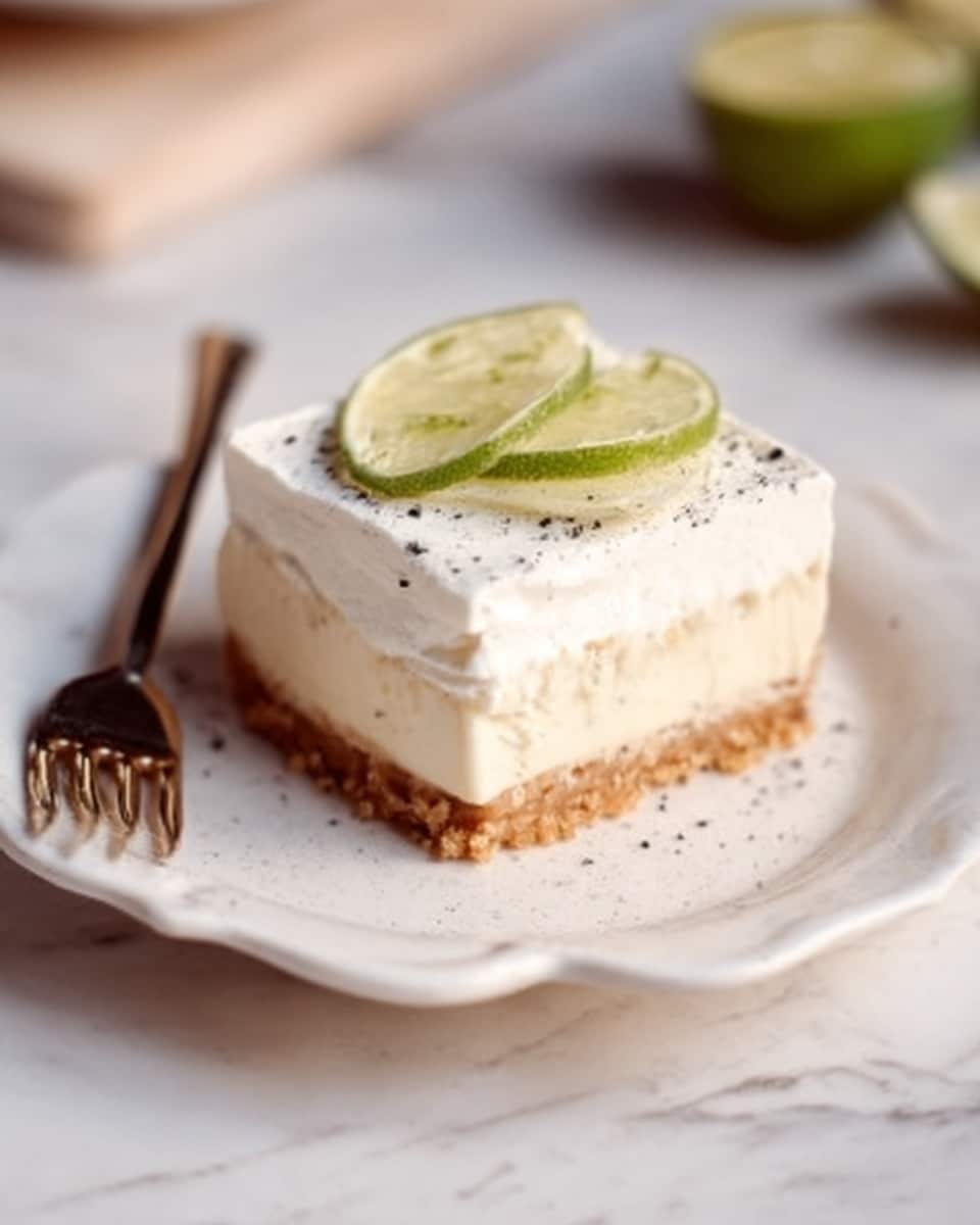 A square dessert with three visible layers is placed on a white plate with scalloped edges, sitting on a white marble surface. The bottom layer is a thick, crumbly crust in light brown color. The middle layer is creamy and off-white, smooth in texture. The top layer is white, fluffy, with small black specks, decorated with two thin lime wedges and a sprinkle of black seeds. A woman's hand holds a fork near the dessert at the left side. Photo taken with an iphone --ar 4:5 --v 7