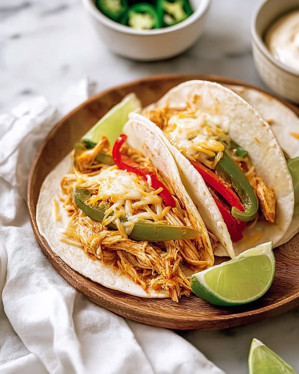 Two soft, white tortillas sit side by side on a wooden plate over a white marbled surface and white cloth. Each tortilla is filled with shredded orange-brown cooked chicken, melted white and yellow cheese, and strips of cooked green and red bell peppers. There are two lime wedges on the edge of the plate, one near each taco. In the background, a small white bowl with sliced green jalapeños and another white bowl with a creamy sauce are partly visible. Photo taken with an iphone --ar 4:5 --v 7