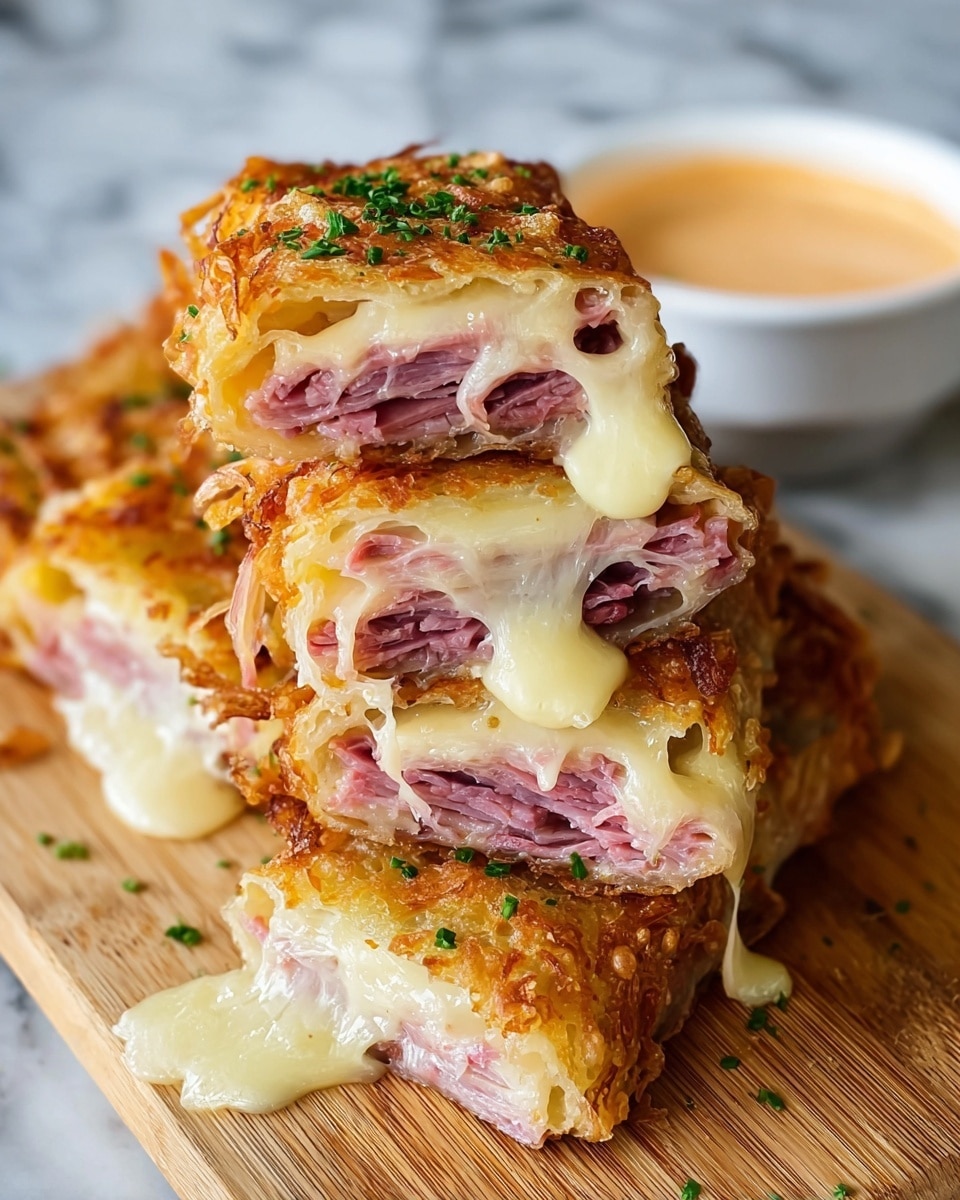 The dish shows three rolled items placed side by side on a white marbled surface, each made from multiple layers starting with a base of thinly sliced meat in deep pink, wrapped around gooey melted cheese that is creamy white and slightly oozing out. The outer layer is covered with melted, crispy golden-brown cheese, sprinkled with small bits of fresh green herbs. The rolls have a slightly rough texture from the melted cheese on top with some browned spots, and thin, light-colored onion slices peek out from inside the rolls. In the background, there is a small white bowl holding a light beige sauce. photo taken with an iphone --ar 4:5 --v 7