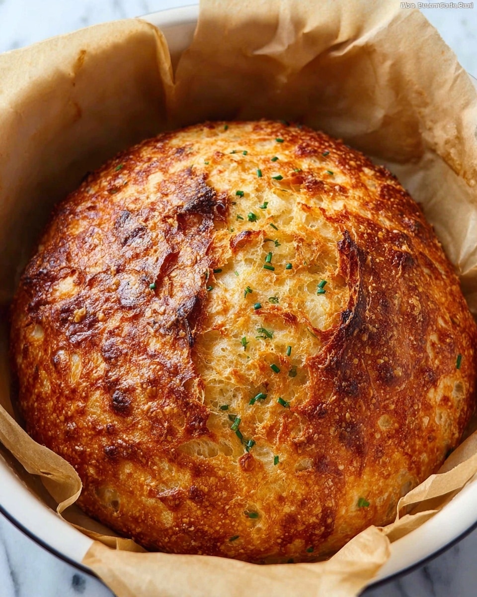 A round loaf of bread with a rough, golden-brown crust and deep cracks on top, showing a soft, slightly crumbly inside. The bread sits in a white pot lined with light brown parchment paper, creating a contrast between the warm colors of the bread and the pale paper. The pot has dark handles and rests on a white marbled surface. The crust looks crunchy with small dark spots from baking. photo taken with an iphone --ar 4:5 --v 7