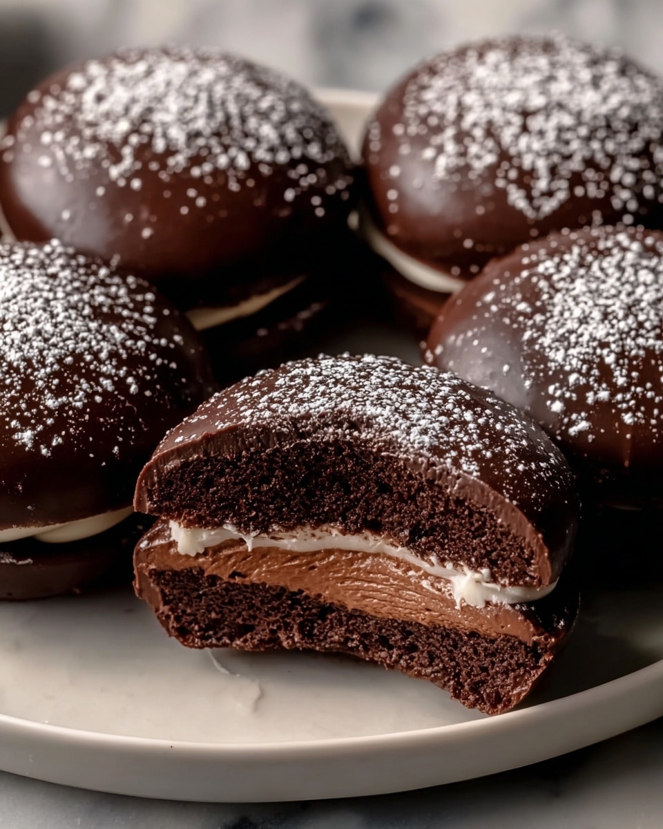 This image shows three round chocolate desserts on a white plate with a thin brown edge, placed on a white marbled surface. Each dessert has a smooth, shiny dark brown chocolate outer layer dusted with a light sprinkle of white powdered sugar on top. One dessert is cut in half, revealing three layers inside: a soft dark brown cake layer on the outside, a thick, glossy dark chocolate layer in the middle, and a creamy white filling at the bottom. The chocolate layers look rich and smooth, while the cake layer looks soft and moist. photo taken with an iphone --ar 4:5 --v 7