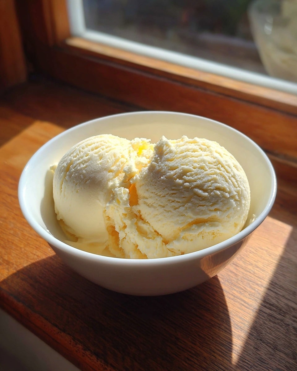 A white bowl holds two scoops of pale yellow ice cream with a creamy, slightly rough texture, placed on a wooden surface by a window that lets in soft sunlight, creating gentle shadows and highlights on the ice cream and bowl edges. photo taken with an iphone --ar 4:5 --v 7
