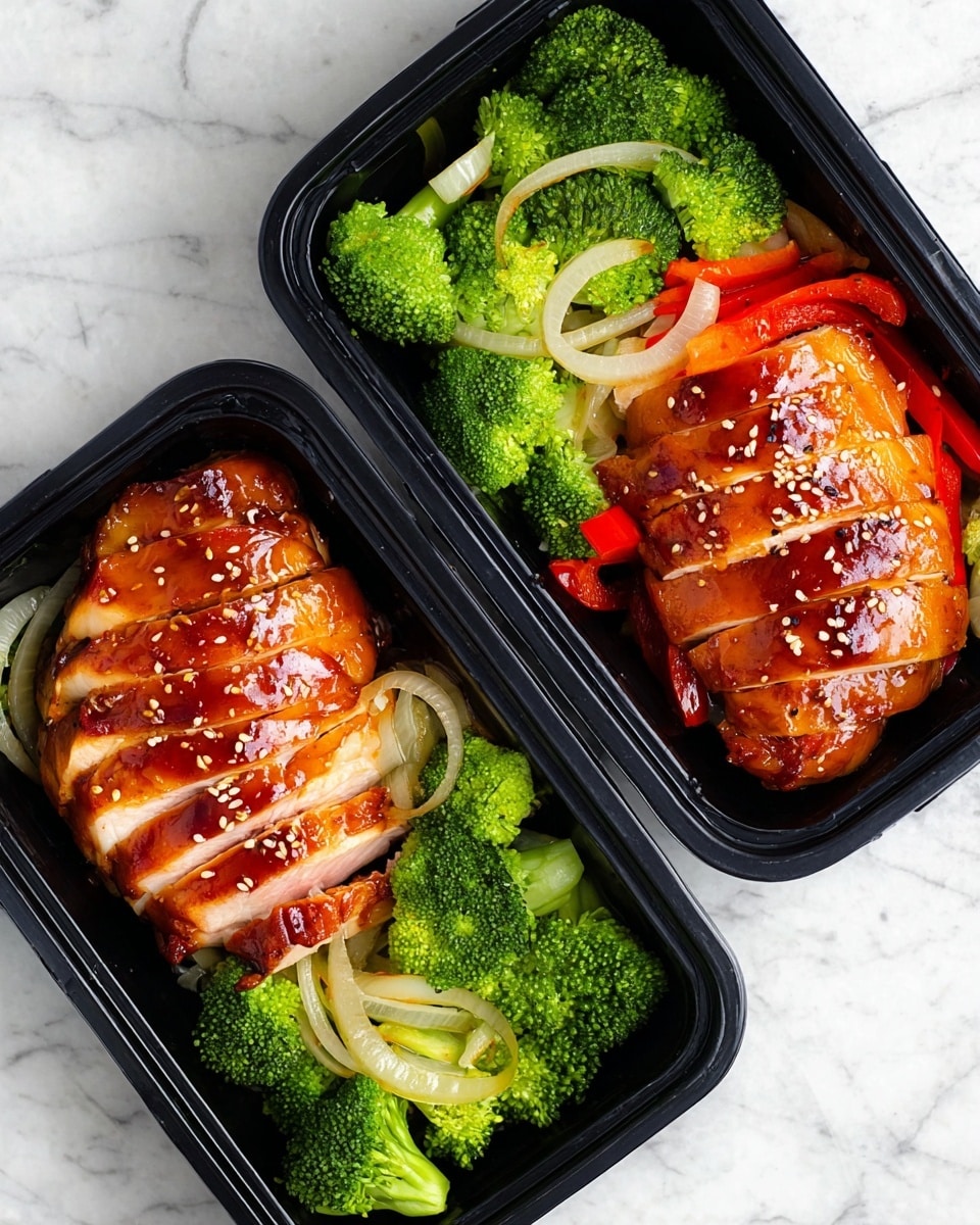 Two black meal prep containers are placed on a white marbled texture. Each container has two parts: one side holds a sliced, glazed chicken breast with a shiny, deep golden-brown color and some sesame seeds on top, and the other side contains bright green broccoli florets mixed with thin round white onion slices and long strips of red bell pepper. The chicken slices are thick and neatly arranged, showing the soft meat inside. Photo taken with an iphone --ar 4:5 --v 7