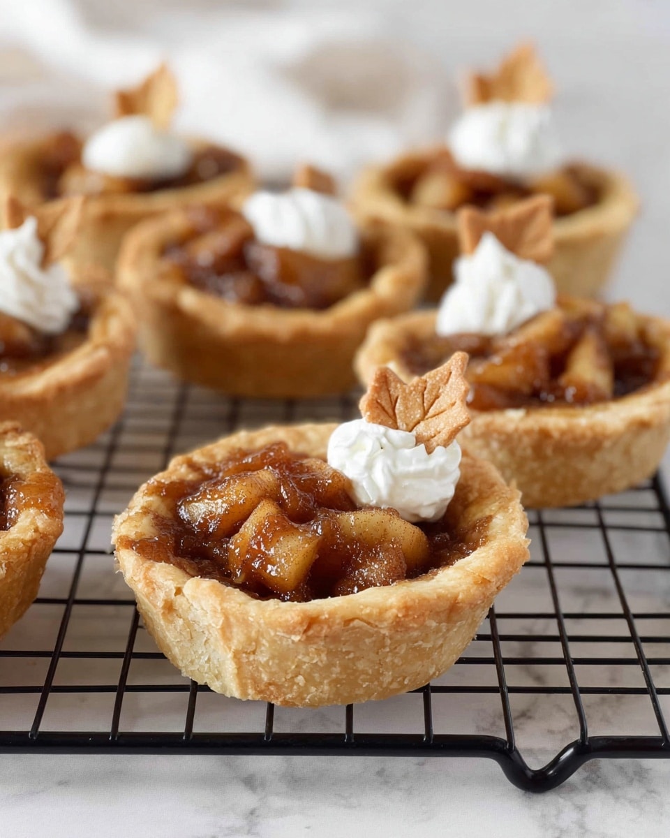 A cooling rack holds 18 small tarts arranged in neat rows on a white marbled surface. The tarts have golden, flaky crusts shaped with scalloped edges. There are three main tart types: one filled with small, glossy dark brown apple chunks; another filled with a rich, crumbly nut and brown sugar mix topped with pecan pieces; and a third filled with smooth orange pumpkin filling, each topped with a small dollop of white cream and a delicate, light brown pastry leaf. Some leaves and a small tart sit directly on the white marble nearby. A white cloth with gold lines lies casually on the top right corner. Photo taken with an iphone --ar 4:5 --v 7