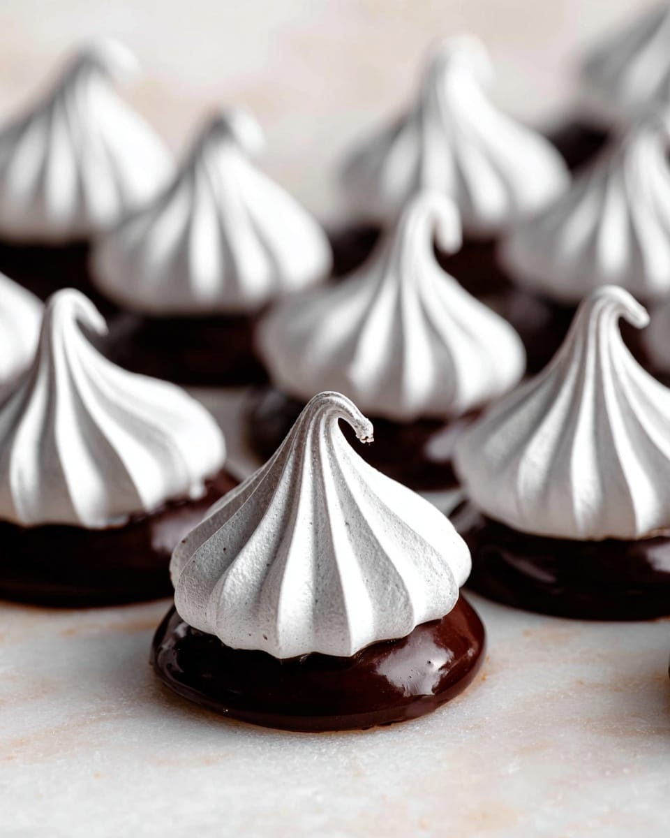 The image shows a group of small, delicate treats arranged closely together on a white marbled surface. Each treat has two layers: the bottom layer is smooth and shiny dark brown chocolate, forming a base that covers about one-third of the height; above it is a thick, white, swirled meringue-like top with a fine ridged texture and a small peak curling slightly at the tip. The contrast between the glossy chocolate and the matte white swirl creates a striking visual effect. The treats are evenly spaced but closely packed, filling the frame with a soft focus on the background and sharp detail on the front pieces. photo taken with an iphone --ar 4:5 --v 7