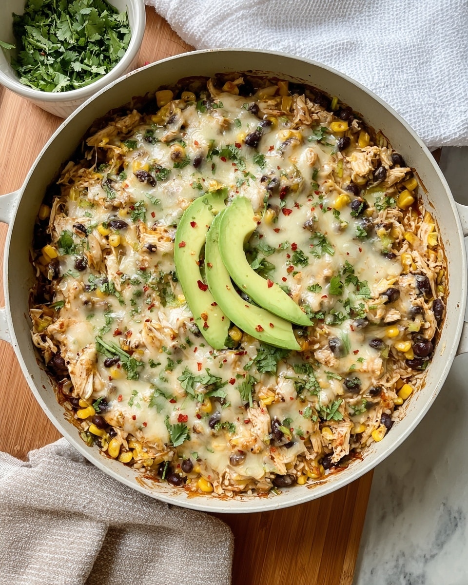 A deep white pan filled with one thick layer of a mixed dish containing shredded chicken, black beans, and yellow corn, all covered by melted white cheese. On top, there are two slices of green avocado placed apart, sprinkled with small green cilantro leaves and tiny red chili flakes for garnish. The pan sits on a wooden table next to a small white bowl of fresh cilantro and a white cloth napkin, all set against a white marbled texture surface. photo taken with an iphone --ar 4:5 --v 7
