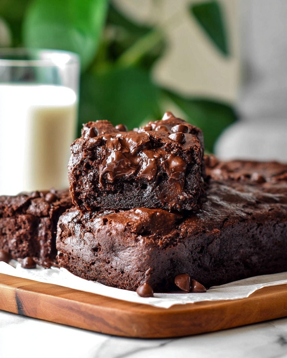 A thick, rich chocolate brownie loaf sits on parchment paper over a wooden board with a blurred white marbled texture background. The brownie shows deep dark brown color and a dense, fudgy texture with visible melted chocolate chunks inside. On top, another square piece of the brownie is placed upright, exposing gooey melted chocolate within the soft, moist layers. The top layer is shiny and slightly cracked, with glossy chocolate chips melted and oozing over the surface. In the background, soft focus green leaves and a bottle of milk add freshness to the warm, chocolatey scene. Photo taken with an iphone --ar 4:5 --v 7