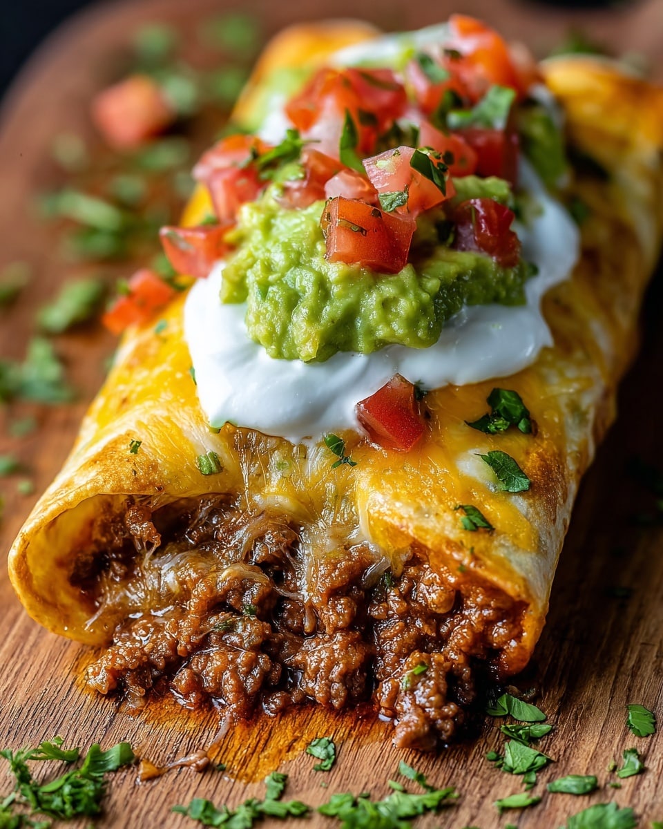 A close-up view of a folded golden-brown crispy tortilla wrap filled with layers of melted yellow and white cheese and seasoned ground beef spilling slightly from the open end. On top, there is a thick layer of white sour cream, followed by a dollop of chunky green guacamole, and scattered small diced red tomatoes mixed with green chopped herbs. The wrap is garnished with fresh green herb leaves, placed directly on a wooden surface with small bits of herbs and tomatoes around. photo taken with an iphone --ar 4:5 --v 7