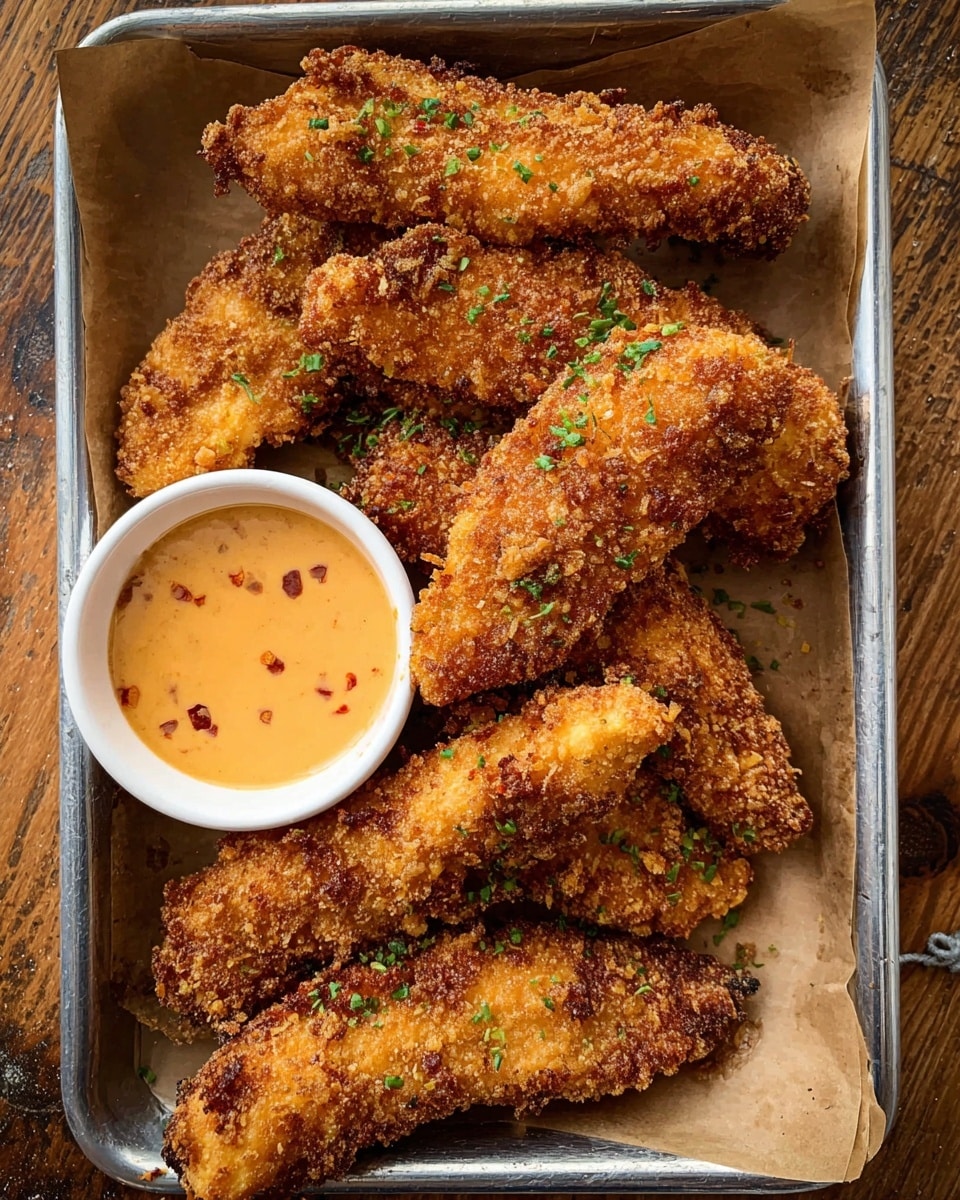 A metal tray lined with brown paper holds eight pieces of golden brown, crispy fried chicken tenders, each with a rough textured coating and sprinkled with small bits of chopped green herbs. In the bottom left corner of the tray, there is a small white bowl filled with a light orange dipping sauce that has a smooth texture with tiny red specks. The tray rests on a wooden surface. photo taken with an iphone --ar 4:5 --v 7
