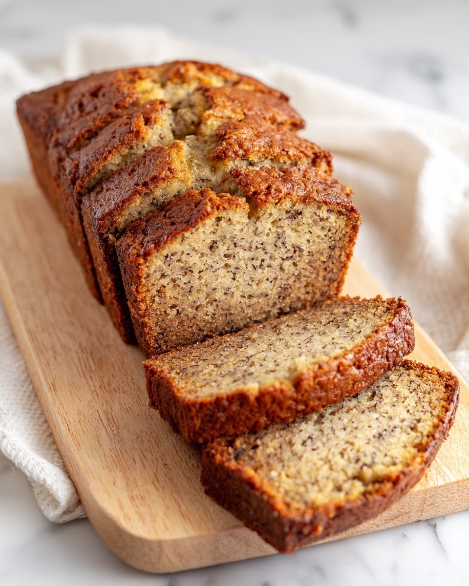 The image shows three slices of banana bread stacked on a wooden board, with the top slice featuring two small white pats of melted butter, adding a glossy texture to the bread's slightly crumbly, moist surface. The bread itself has a golden brown crust and a light brown interior speckled with dark spots from the bananas. The background has a soft, blurred look with a yellow fabric draped loosely to one side, creating a warm and cozy atmosphere. The photo is set on a white marbled surface that enhances the natural colors of the bread. photo taken with an iphone --ar 4:5 --v 7