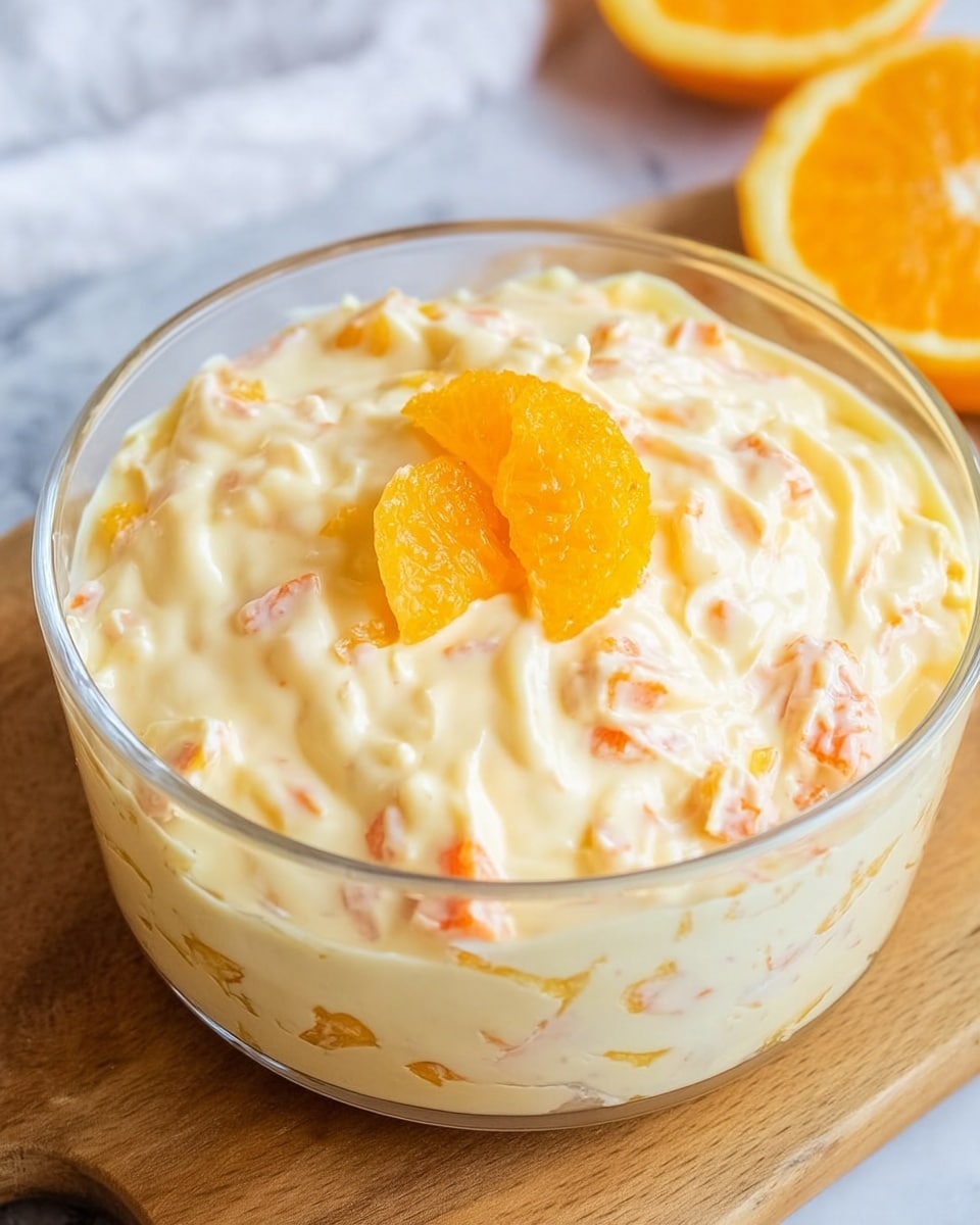 A clear glass bowl filled with a creamy, thick mixture that is light orange with small chunks of darker orange pieces scattered throughout. The surface of the mixture shows soft peaks and swirls, with a glossy, smooth texture. On top sits two small, bright orange slices resting close together as decoration. The bowl is placed on a wooden board, set against a white marbled textured surface with part of a halved orange visible near the edge. photo taken with an iphone --ar 4:5 --v 7