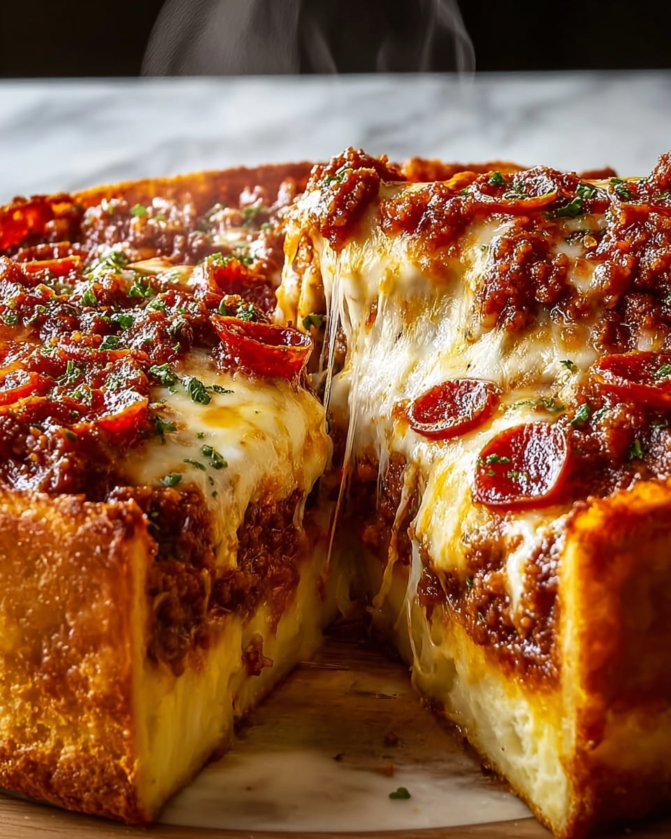 A thick, deep-dish pizza sliced open to show three main layers: a golden, crispy crust at the bottom, a thick layer of juicy, browned meat sauce in the middle, and a top layer of melted, stretchy mozzarella cheese with reddish pepperoni slices and small green herb sprinkles scattered across. The cheese pulls apart with stringy texture as the slice is being lifted, and steam rises softly from the hot pizza, all set against a white marbled textured surface. Photo taken with an iphone --ar 4:5 --v 7