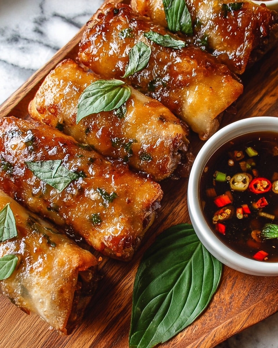 Five golden-brown crispy spring rolls are placed on a white round plate on top of green herbs and leafy lettuce. One spring roll is cut open, showing shredded dark meat inside, topped with chopped green onions scattered over all rolls. Two lime wedges sit on the plate’s lower right side. Next to the plate, two small bowls of dark dipping sauce with red pepper flakes are placed in a wooden tray. Red chili slices and fresh green basil leaves are arranged around the spring rolls, all set on a white marbled surface. photo taken with an iphone --ar 4:5 --v 7