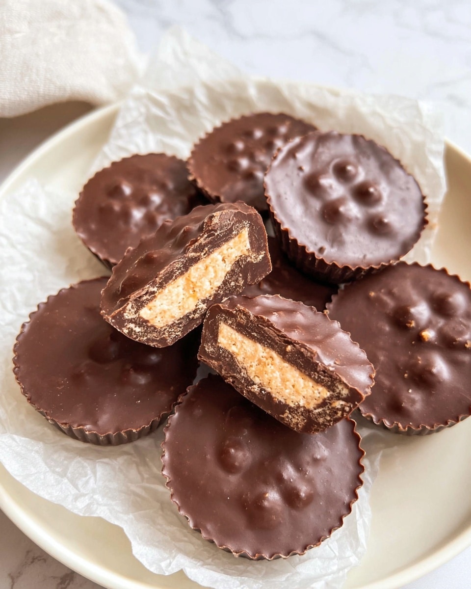 A white plate with crumpled parchment paper holds eight round chocolate cups with a textured surface, each one showing small bumps and a glossy finish. One chocolate cup is cut in half and placed on top of the others, revealing a smooth milk chocolate outer layer, a crunchy nutty layer inside, and a creamy light brown filling in the center. The background is a soft white marbled surface. photo taken with an iphone --ar 4:5 --v 7