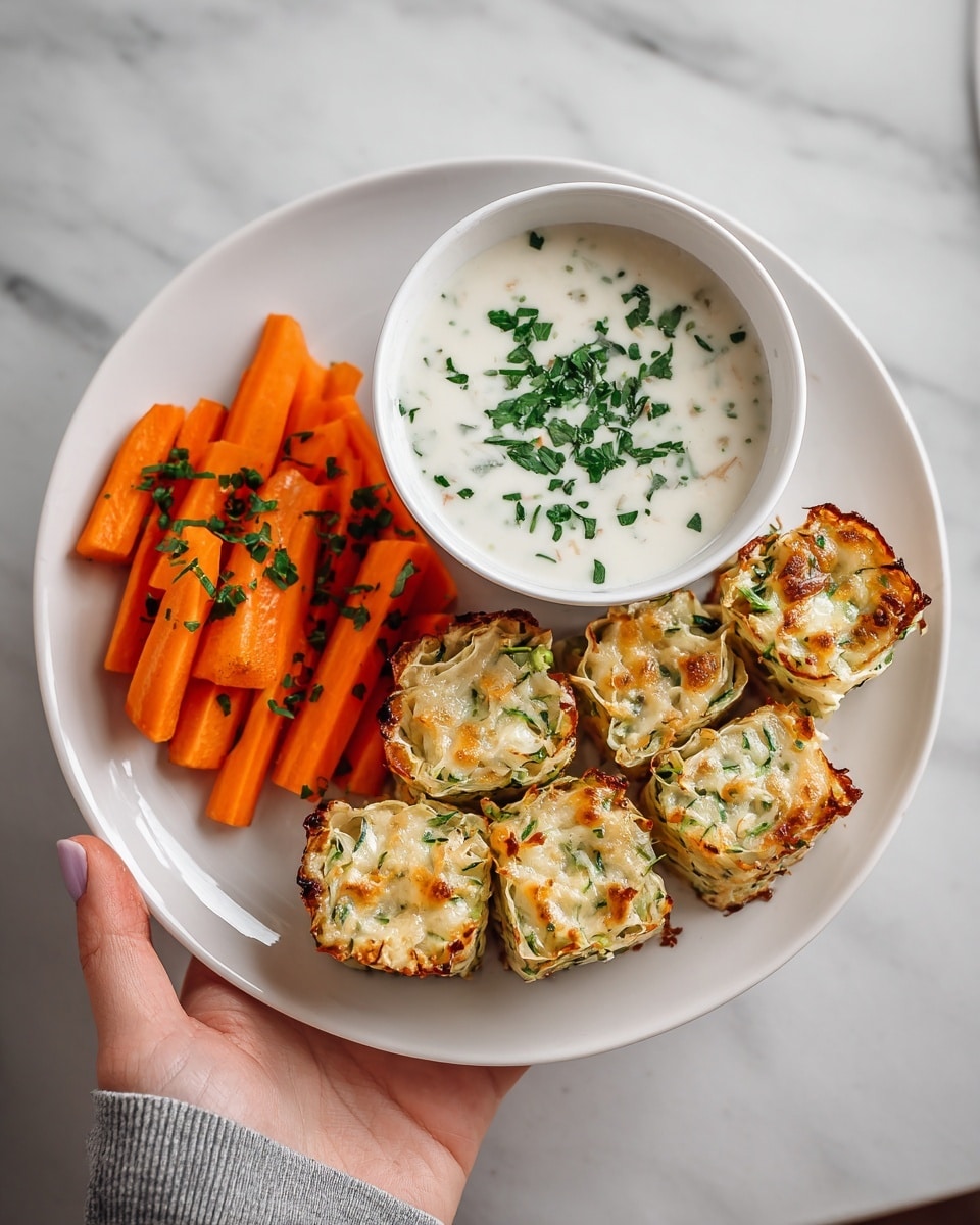 The image shows a white plate with two food sections on a white marbled surface. On the left side of the plate are bright orange carrot sticks cut into thin strips, topped with small green herbs. On the right side, there are six pieces of golden-brown baked vegetable rolls arranged in two rows of three. The rolls have a crusty, browned top layer with a smooth texture and visible small bits of green and orange vegetables inside, suggesting zucchini and carrot. In the background, there is a white bowl filled with a creamy white sauce garnished with chopped green herbs, and a woman's hand is gently holding the bowl from the right side. photo taken with an iphone --ar 4:5 --v 7