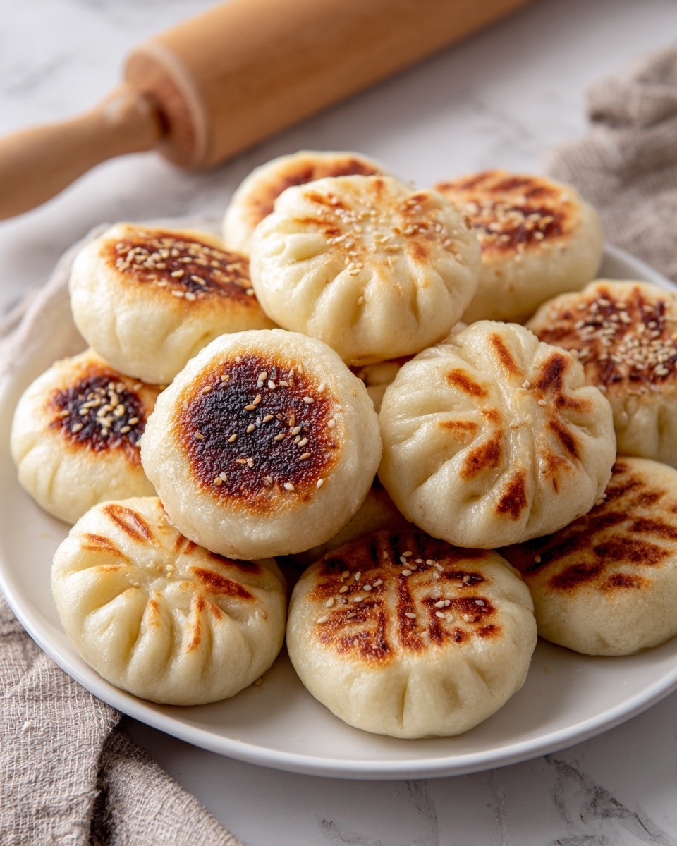 A white plate filled with ten round, pan-fried buns arranged close together, showing a mix of golden brown crispy tops with some sprinkled sesame seeds and soft, pleated edges with a light golden color. The buns vary slightly in patterns on top, with some having crisscross grill marks and others having smooth browned surfaces. The plate is placed on a white marbled surface, and a wooden rolling pin is partially visible in the background, adding a cooking context. Photo taken with an iphone --ar 4:5 --v 7