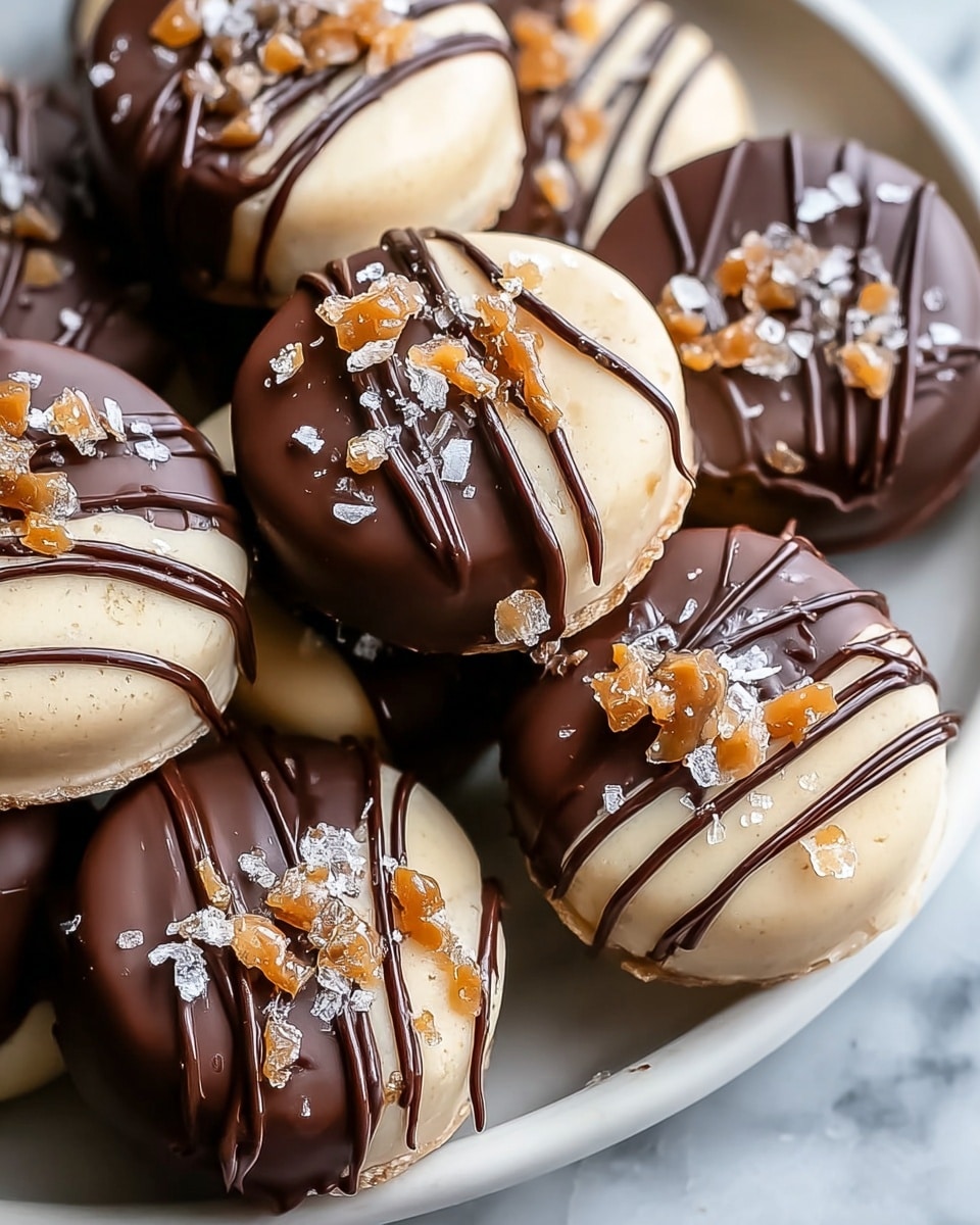 The image shows multiple round treats with three layers: a bottom soft caramel layer in light brown, a thick creamy white middle layer, and a top dark chocolate layer drizzled with additional thin lines of dark chocolate. The treats are sprinkled with crushed toffee bits and coarse sea salt on the chocolate top. One treat is bitten into, revealing the smooth cream layer and sticky caramel beneath. They are placed closely together on a white plate on a white marbled surface. photo taken with an iphone --ar 4:5 --v 7