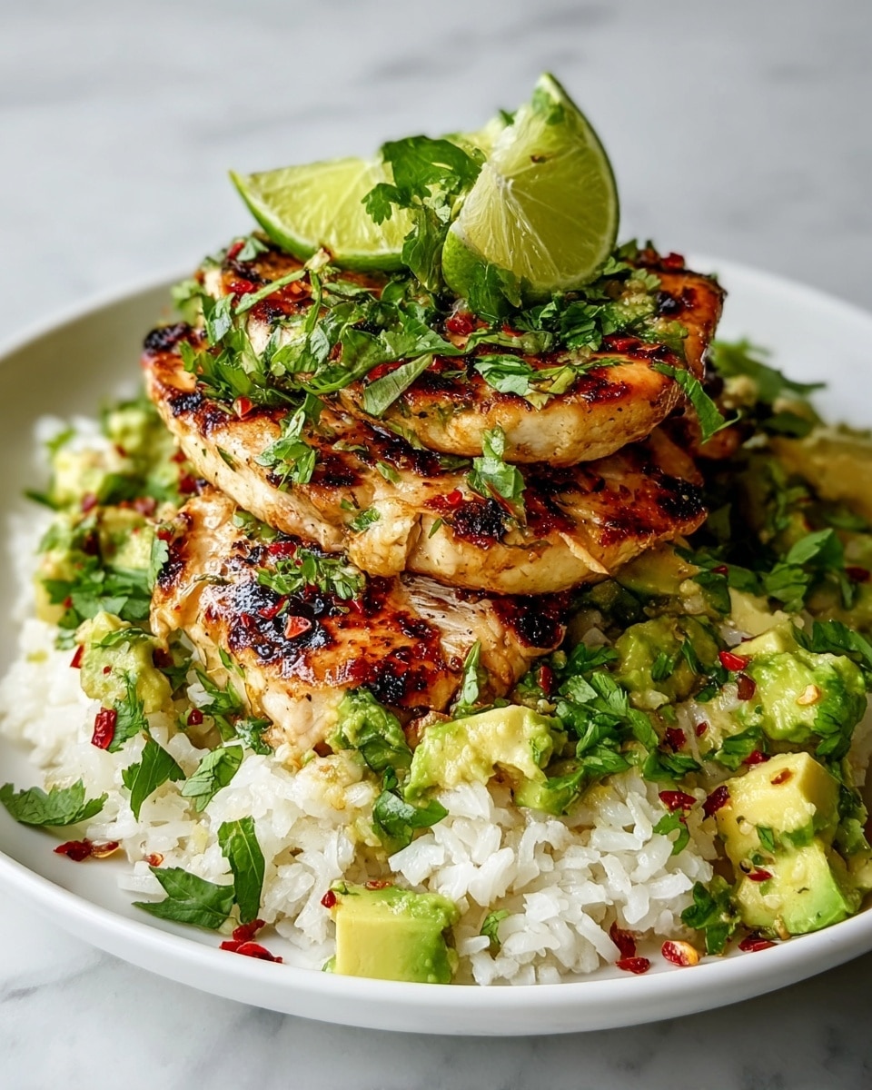 A white plate holds a layered dish starting with a base of white rice mixed with small green avocado pieces and red chili flakes scattered around. On top of the rice, there are three thick grilled chicken pieces stacked unevenly, each piece showing golden brown grilled marks and bits of green herbs sprinkled over them. The stack is topped with fresh chopped cilantro and three lime wedges, two placed flat on top and one in the background resting on the rice. The whole dish sits against a white marbled surface, giving a clean and fresh look. photo taken with an iphone --ar 4:5 --v 7