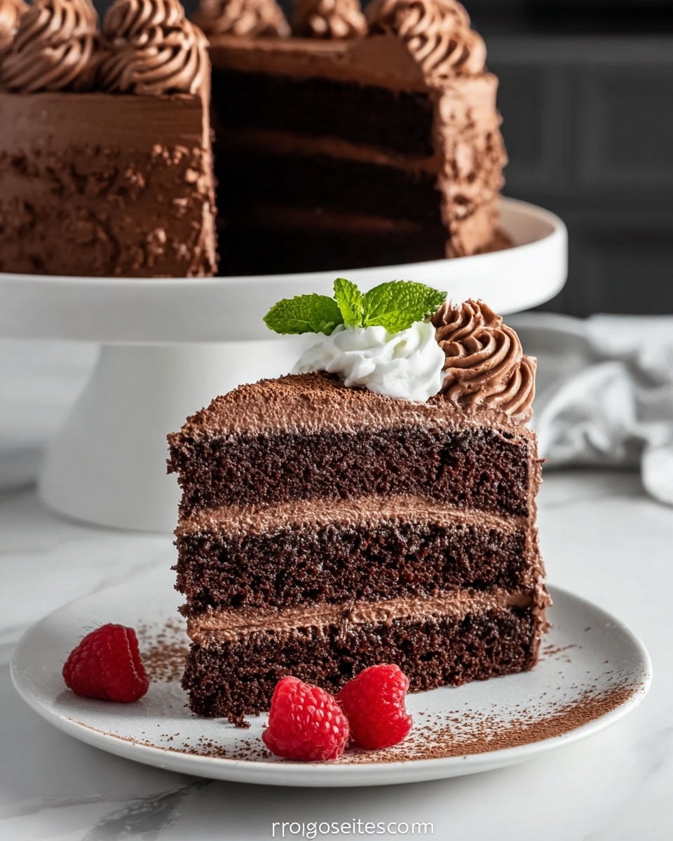 A slice of three-layer chocolate cake sits on a white plate, showing dark brown moist cake layers separated by light brown chocolate frosting. The top layer has swirls of chocolate frosting and a small dollop of white whipped cream garnished with a fresh green mint leaf. Around the slice, there are three bright red raspberries resting on a light dusting of cocoa powder on the plate. In the soft-focused background, the full cake stands on a white cake stand, revealing matching layers and frosting. The scene is set on a white marbled textured surface with soft natural light. photo taken with an iphone --ar 4:5 --v 7