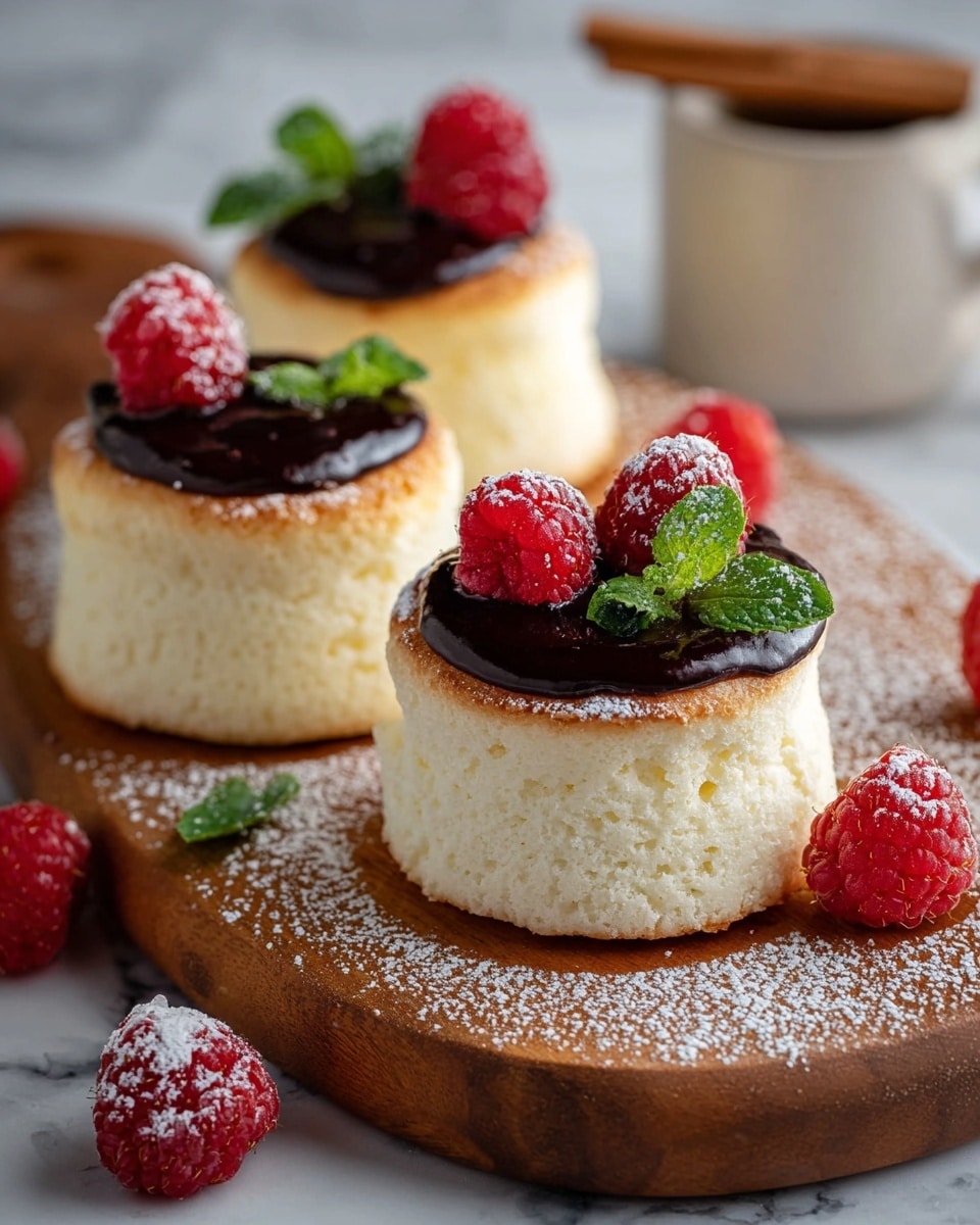 There are three small, fluffy white cakes on a wooden board, each about two layers tall with a light golden brown top and a soft, airy white body. On top of each cake is a glossy dark chocolate sauce dollop, decorated with two bright red raspberries and a small green mint leaf. The cakes are lightly dusted with white powdered sugar, with extra raspberries scattered around the board. In the background, part of a white cup with a brown cinnamon stick can be seen, all set on a white marbled surface. Photo taken with an iphone --ar 4:5 --v 7