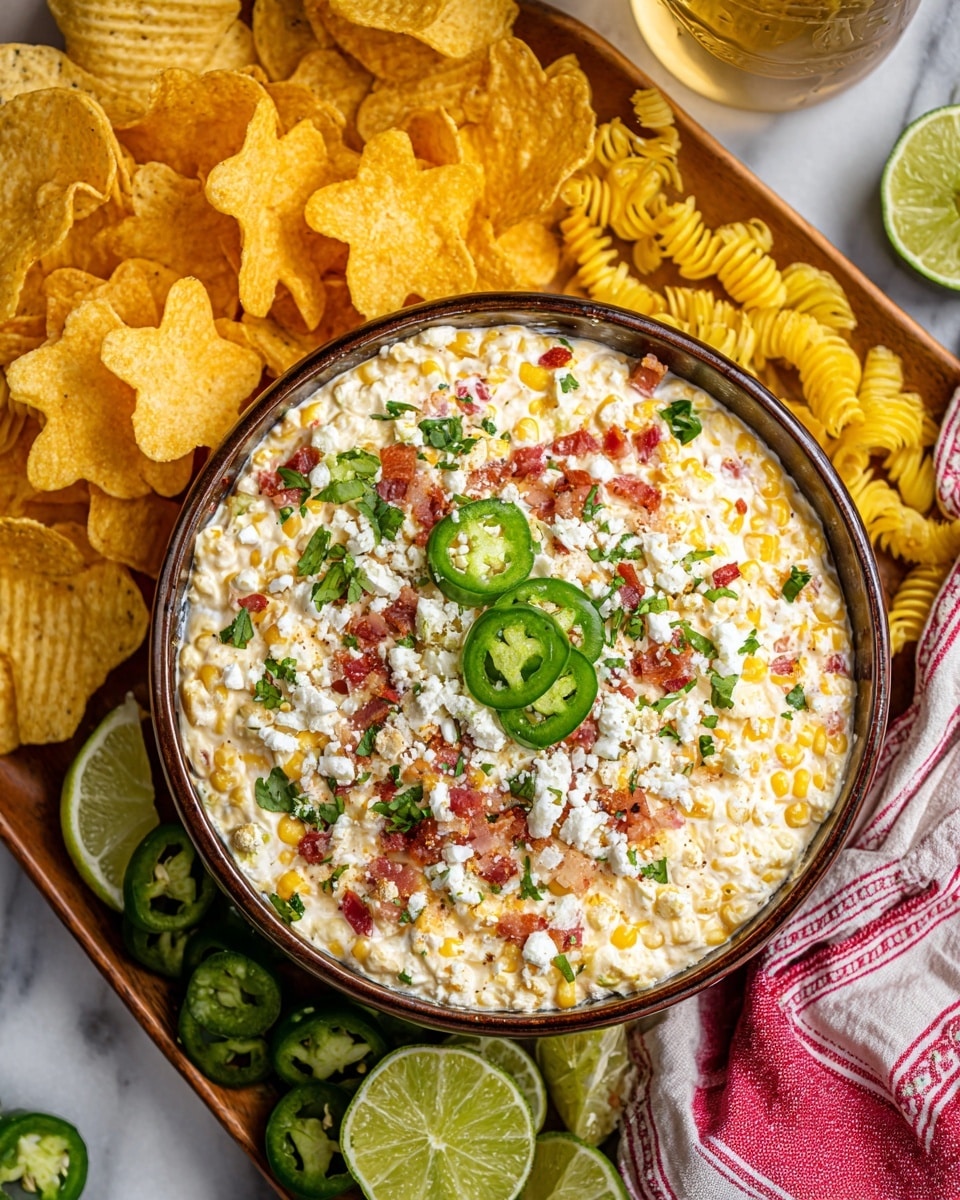 A black slow cooker is filled with a creamy corn dish, showing yellow corn kernels mixed with a thick white sauce and small green herb pieces throughout; a silver spoon is partially dipped into the mixture on the right side. Below the slow cooker are three white bowls placed on a white marbled surface; the left bowl contains crispy reddish-brown bacon bits, the middle bowl has fresh bright green chopped herbs, and the right bowl holds crumbly white cheese. The overall setup is bright with a clean look. photo taken with an iphone --ar 4:5 --v 7