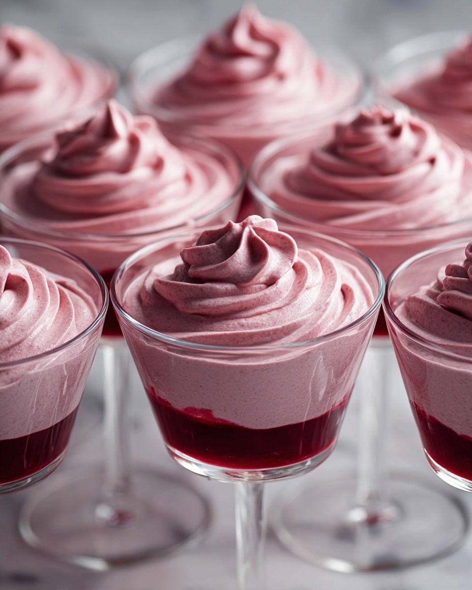 The image shows multiple clear glass dessert glasses filled with a two-layer mousse-like dessert. The bottom layer is a darker red, smooth and glossy, resembling a fruit puree or jelly. Above it is a lighter pink, thick and creamy layer with a swirled, whipped texture topping each glass. The glasses are placed on a white marbled surface, and the soft light highlights the smooth and airy textures of the pink mousse. photo taken with an iphone --ar 4:5 --v 7