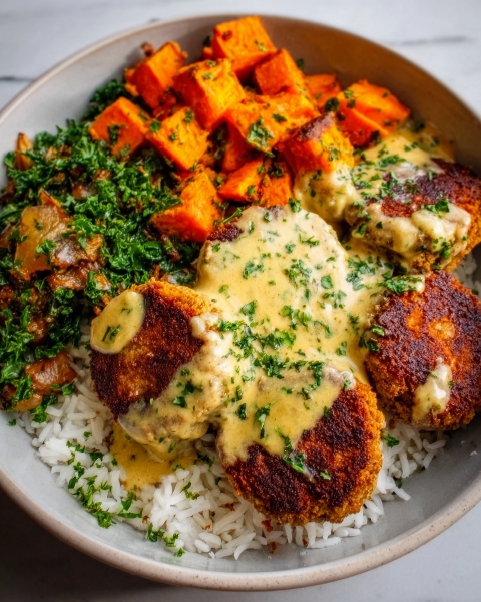 The image shows a white bowl filled with three main layers. The bottom layer is white rice, soft and fluffy, filling the base. On top of the rice, there are golden-brown crispy patties that look like chickpea-based falafel, crispy on the outside and textured inside. Next to the patties, bright orange roasted sweet potato cubes add a pop of color and slightly rough texture. A creamy, pale yellow sauce is drizzled generously over the patties and sweet potatoes, with green herbs sprinkled on top for freshness. The bowl is placed on a white marbled surface. Photo taken with an iphone --ar 4:5 --v 7
