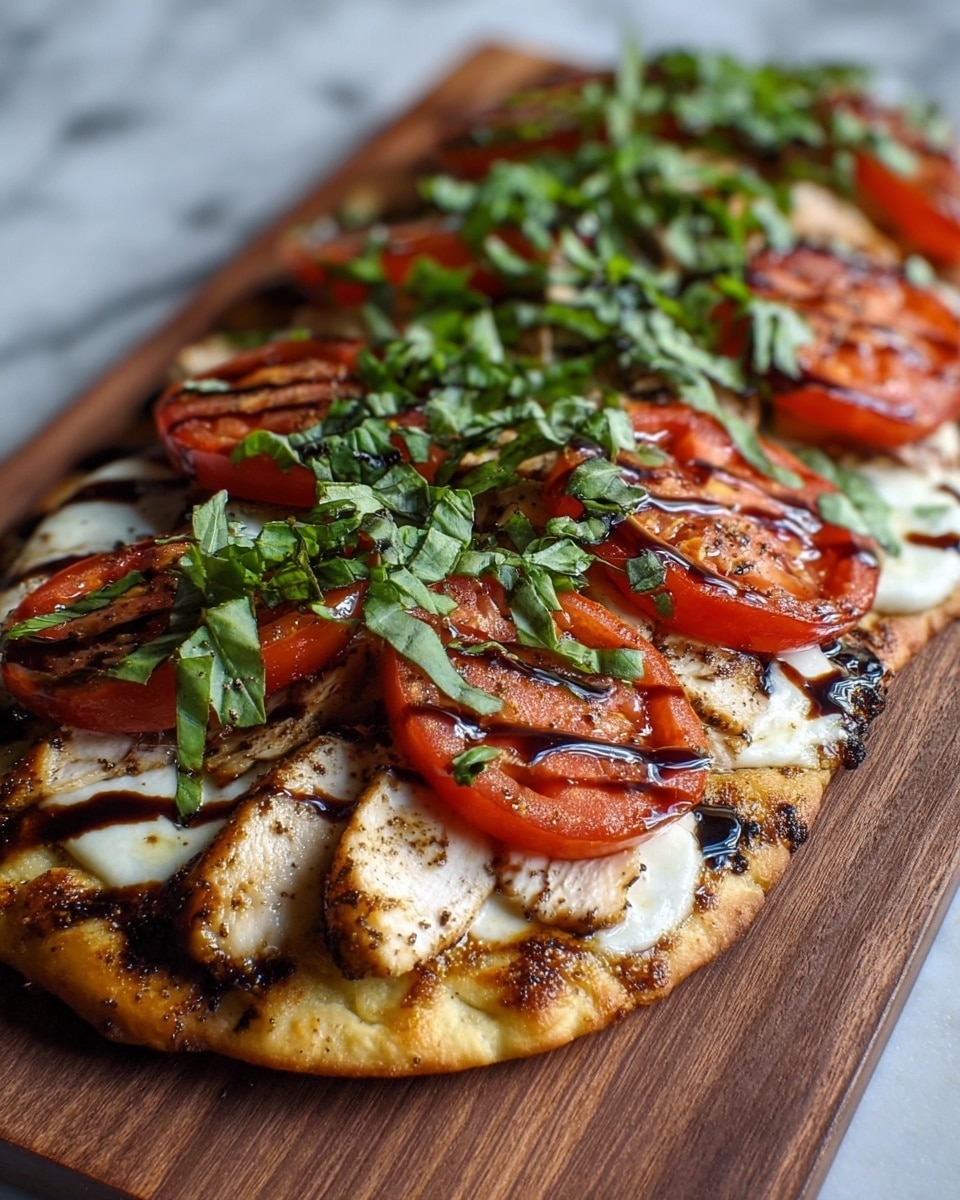 The image shows a flatbread dish placed on a wooden board. The flatbread base is golden brown with a slightly crispy texture. On top, there are grilled slices of chicken layered evenly, their surface speckled with seasoning and grill marks. Above the chicken lies a layer of melted white cheese, smooth and soft. On top of the cheese are thick slices of bright red tomatoes, fresh and juicy, scattered evenly. The dish is garnished with fresh, chopped green basil leaves spread across the top. There is a drizzle of dark balsamic glaze running in streaks over the tomatoes, cheese, and chicken, adding a glossy finish. The wooden board contrasts nicely with the vibrant colors of the flatbread ingredients, and the overall surface is a white marbled texture. photo taken with an iphone --ar 4:5 --v 7