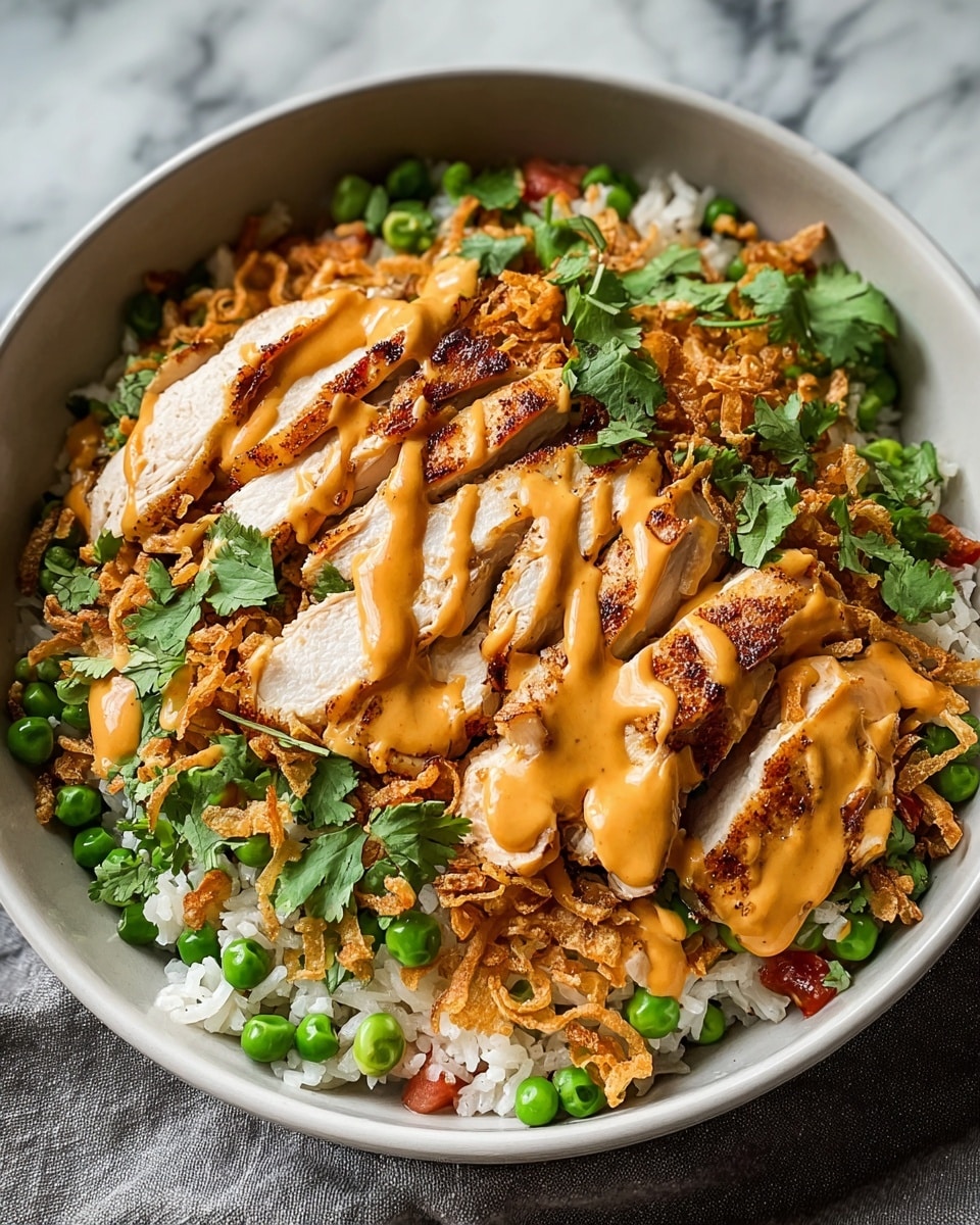 A white bowl filled with a base layer of white rice mixed with green peas and small pieces of red tomato. On top, there are sliced grilled chicken pieces arranged neatly, showing white tender meat with a browned crust. Scattered crispy fried onions add a crunchy golden layer, while fresh green cilantro leaves are placed over and around the chicken. The dish is finished with a drizzle of creamy orange sauce spread evenly across the top. The bowl sits on a white marbled surface with a grey cloth underneath. Photo taken with an iphone --ar 4:5 --v 7